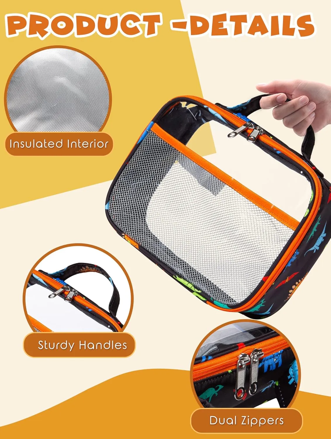 BLUEFAIRY Clear Backpack for School with Lunch Box for Kids Boys Girls Large PVC See Through Bookbag and Lunch Bag for Elementary 17 Inch Heavy Duty Transparent Bags for Stadium (Dinosaur, Orange)