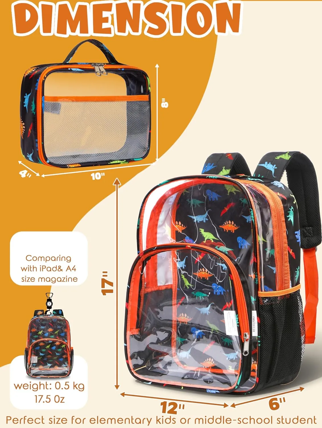 BLUEFAIRY Clear Backpack for School with Lunch Box for Kids Boys Girls Large PVC See Through Bookbag and Lunch Bag for Elementary 17 Inch Heavy Duty Transparent Bags for Stadium (Dinosaur, Orange)