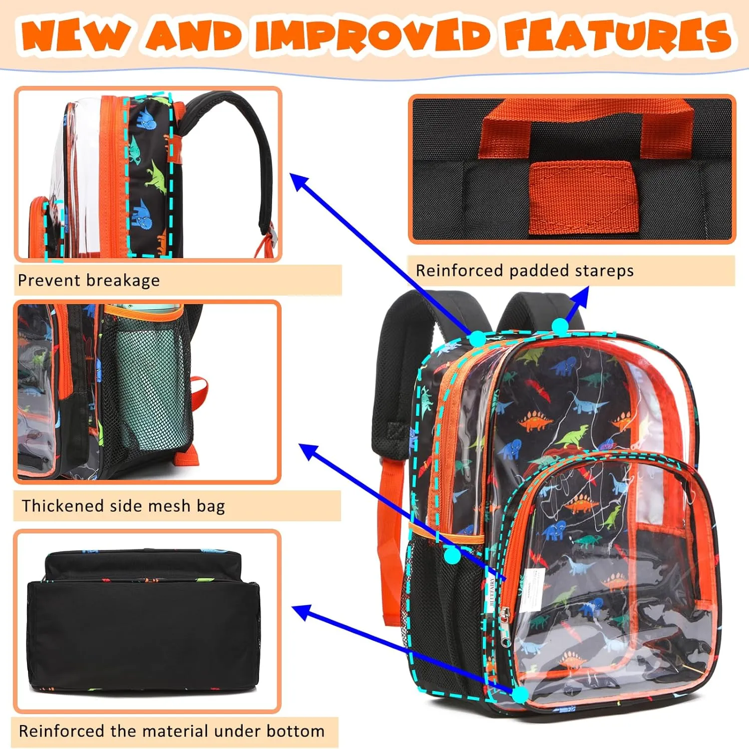 BLUEFAIRY Clear Backpack for School with Lunch Box for Kids Boys Girls Large PVC See Through Bookbag and Lunch Bag for Elementary 17 Inch Heavy Duty Transparent Bags for Stadium (Dinosaur, Orange)