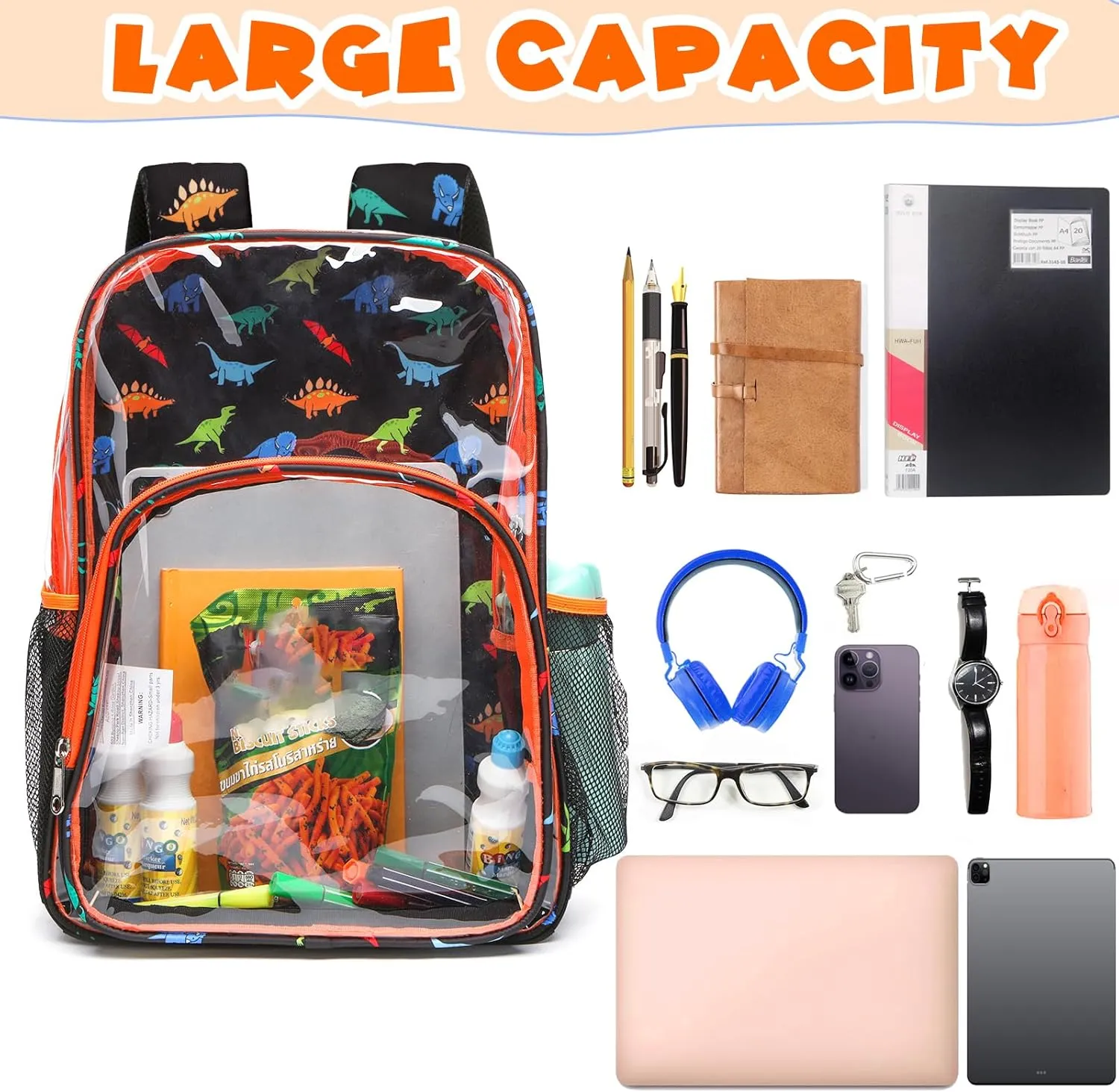 BLUEFAIRY Clear Backpack for School with Lunch Box for Kids Boys Girls Large PVC See Through Bookbag and Lunch Bag for Elementary 17 Inch Heavy Duty Transparent Bags for Stadium (Dinosaur, Orange)