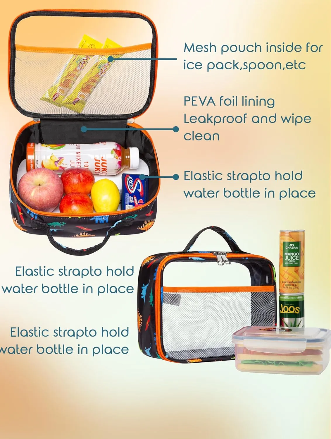 BLUEFAIRY Clear Backpack for School with Lunch Box for Kids Boys Girls Large PVC See Through Bookbag and Lunch Bag for Elementary 17 Inch Heavy Duty Transparent Bags for Stadium (Dinosaur, Orange)