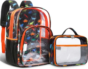 BLUEFAIRY Clear Backpack for School with Lunch Box for Kids Boys Girls Large PVC See Through Bookbag and Lunch Bag for Elementary 17 Inch Heavy Duty Transparent Bags for Stadium (Dinosaur, Orange)