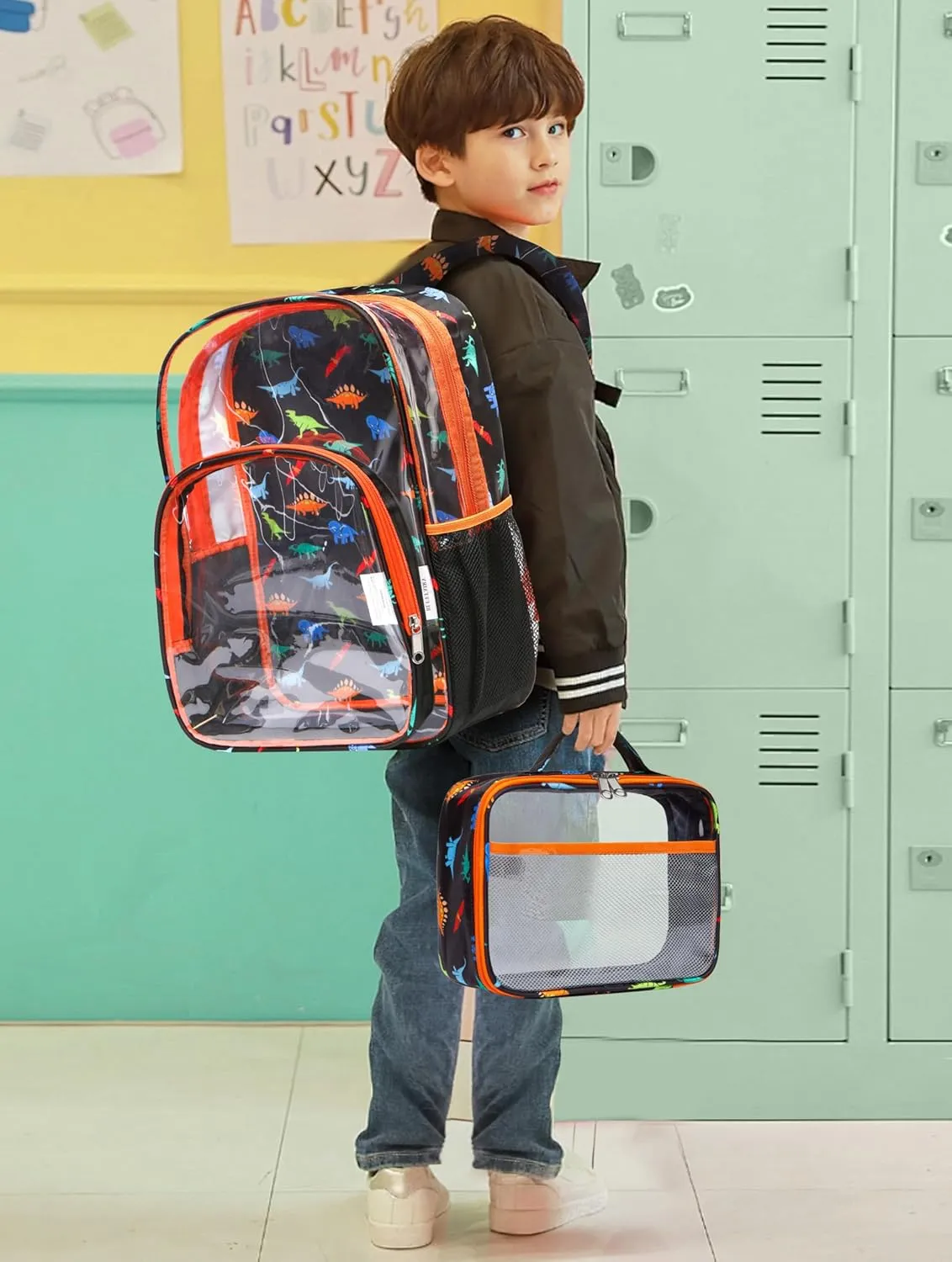 BLUEFAIRY Clear Backpack for School with Lunch Box for Kids Boys Girls Large PVC See Through Bookbag and Lunch Bag for Elementary 17 Inch Heavy Duty Transparent Bags for Stadium (Dinosaur, Orange)