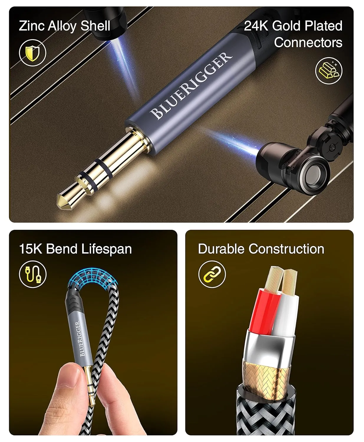 BlueRigger 3.5mm Stereo Audio Cable (25FT, 24K Gold Plated Jack, Auxiliary Cable, Male to Male, Hi-Fi Sound) – Aux Cord for Headphones, Home Car Stereo, Speaker, Amplifier, Phones, Tablets, Laptops