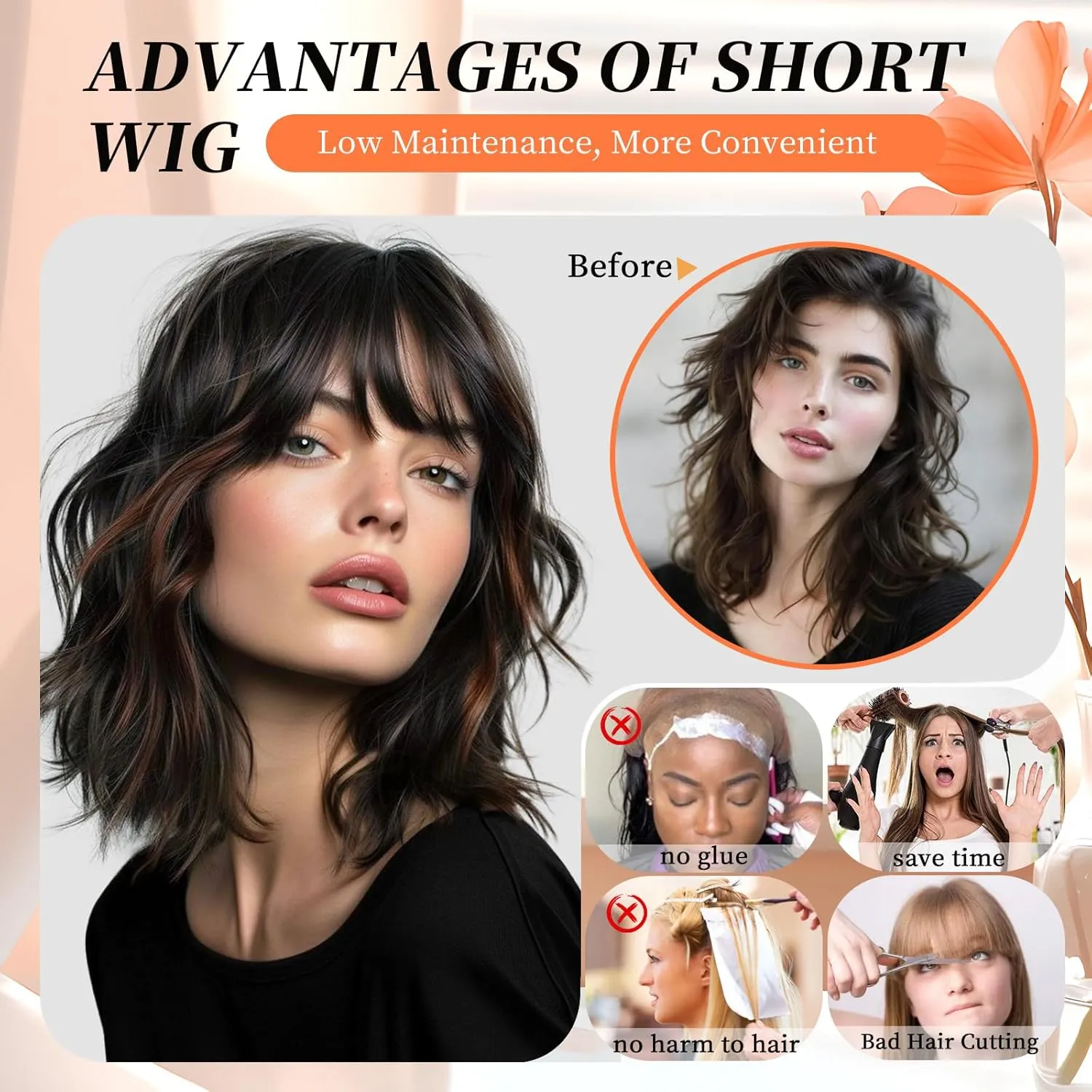 Bob Wavy Wigs With Bangs, Black Mixed Brown Wigs for Women Short Curly Wavy Wigs with Highlights, Natural Looking Shoulder Length Womens Wig for Daily Party Use