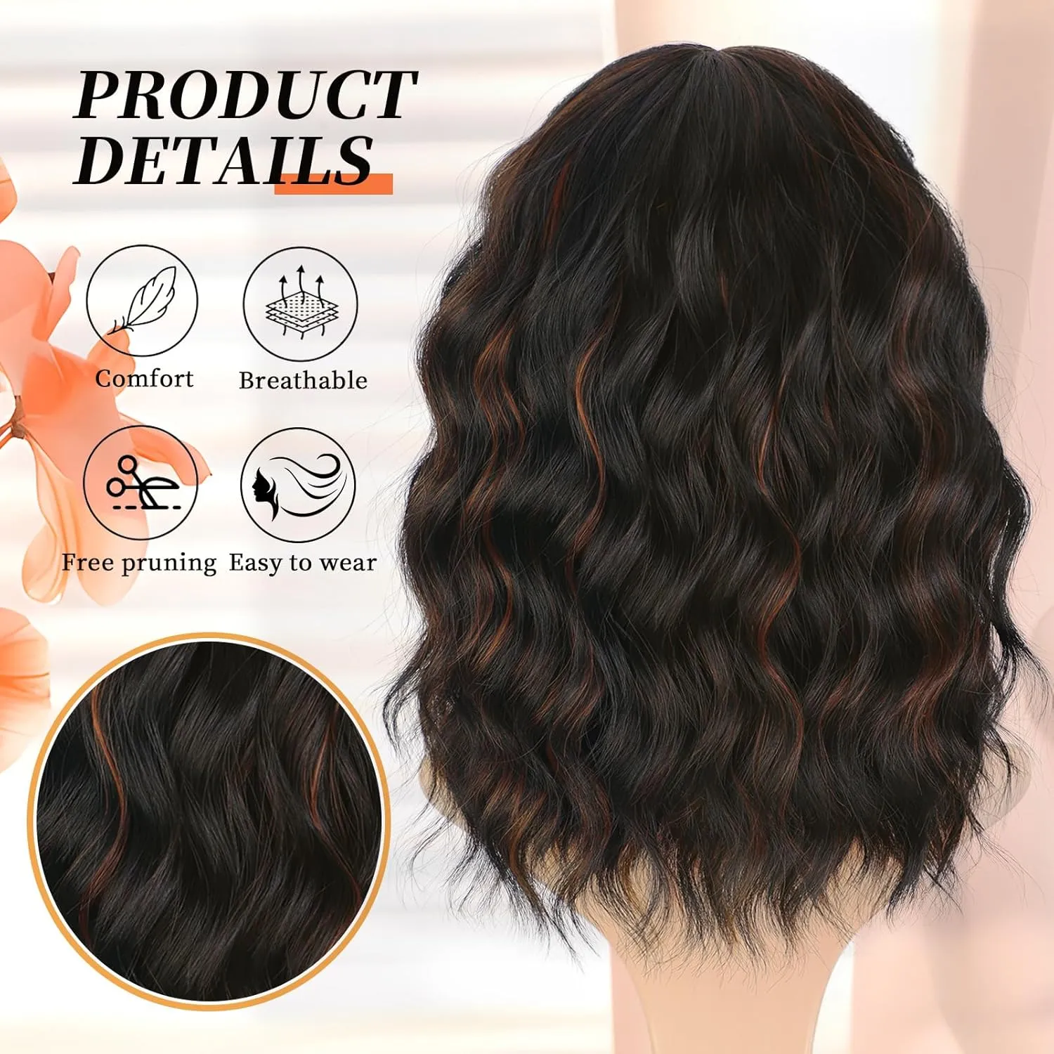 Bob Wavy Wigs With Bangs, Black Mixed Brown Wigs for Women Short Curly Wavy Wigs with Highlights, Natural Looking Shoulder Length Womens Wig for Daily Party Use