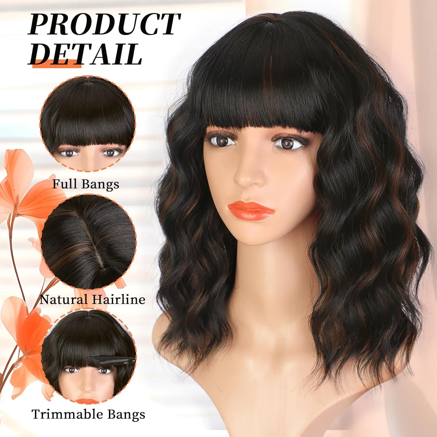 Bob Wavy Wigs With Bangs, Black Mixed Brown Wigs for Women Short Curly Wavy Wigs with Highlights, Natural Looking Shoulder Length Womens Wig for Daily Party Use