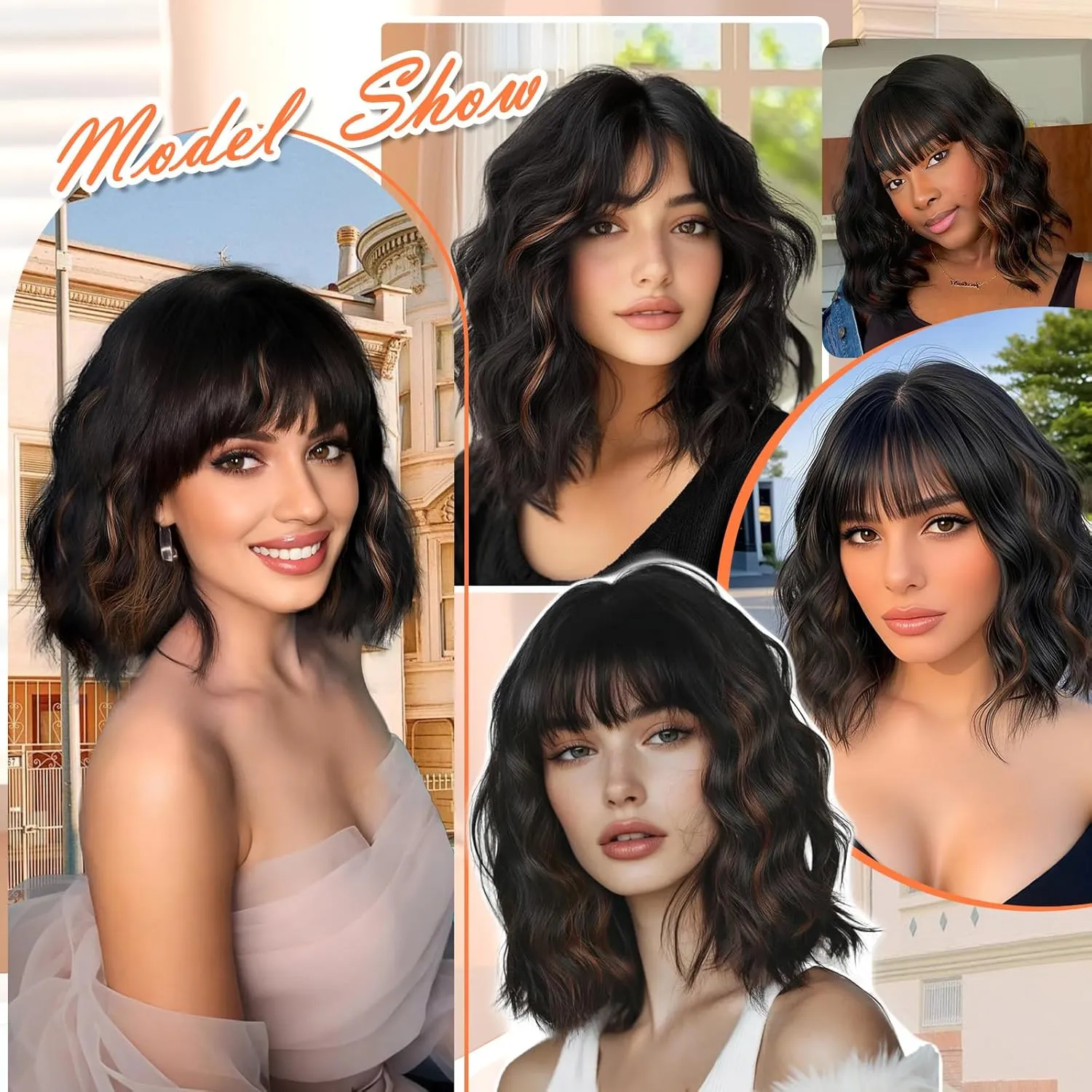 Bob Wavy Wigs With Bangs, Black Mixed Brown Wigs for Women Short Curly Wavy Wigs with Highlights, Natural Looking Shoulder Length Womens Wig for Daily Party Use