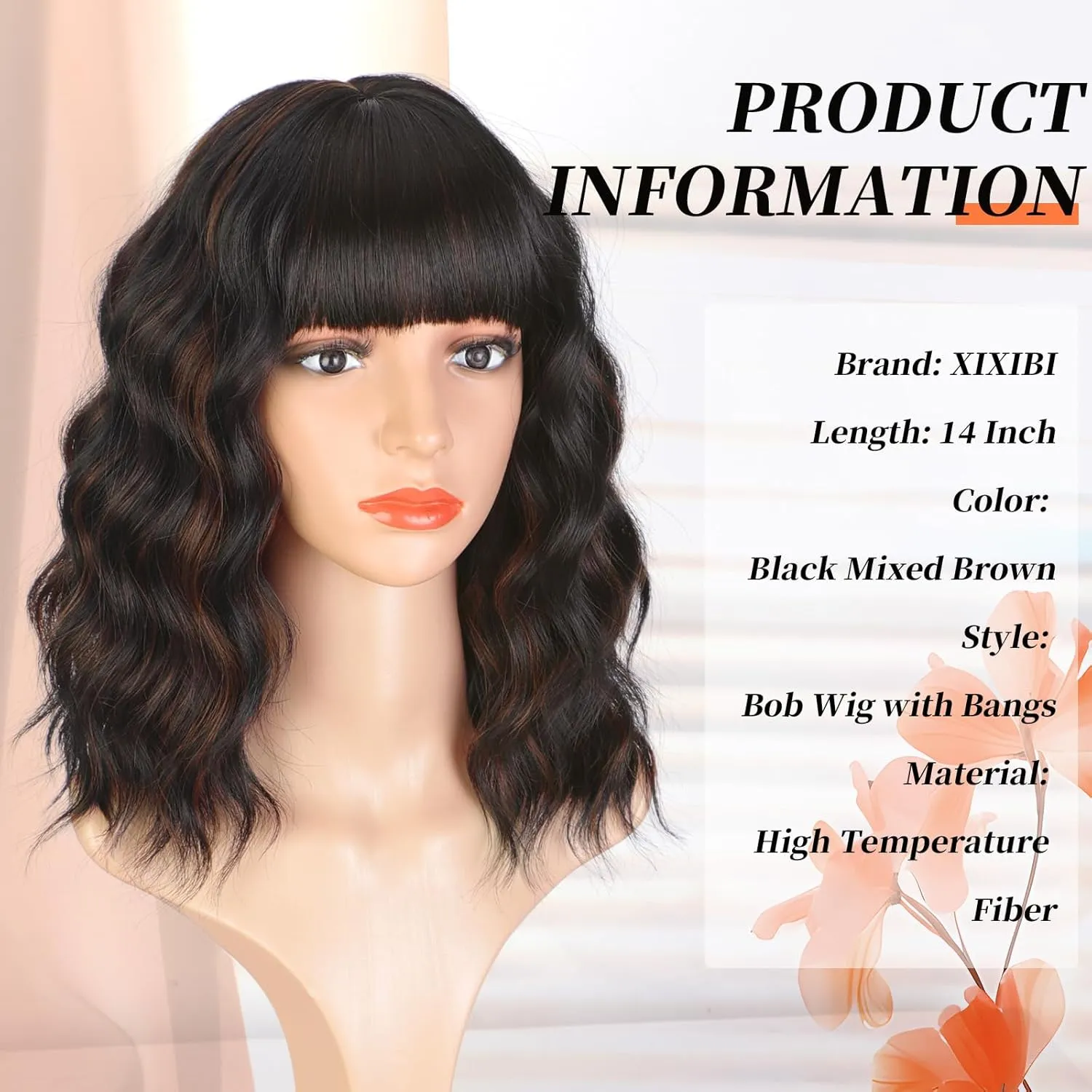 Bob Wavy Wigs With Bangs, Black Mixed Brown Wigs for Women Short Curly Wavy Wigs with Highlights, Natural Looking Shoulder Length Womens Wig for Daily Party Use