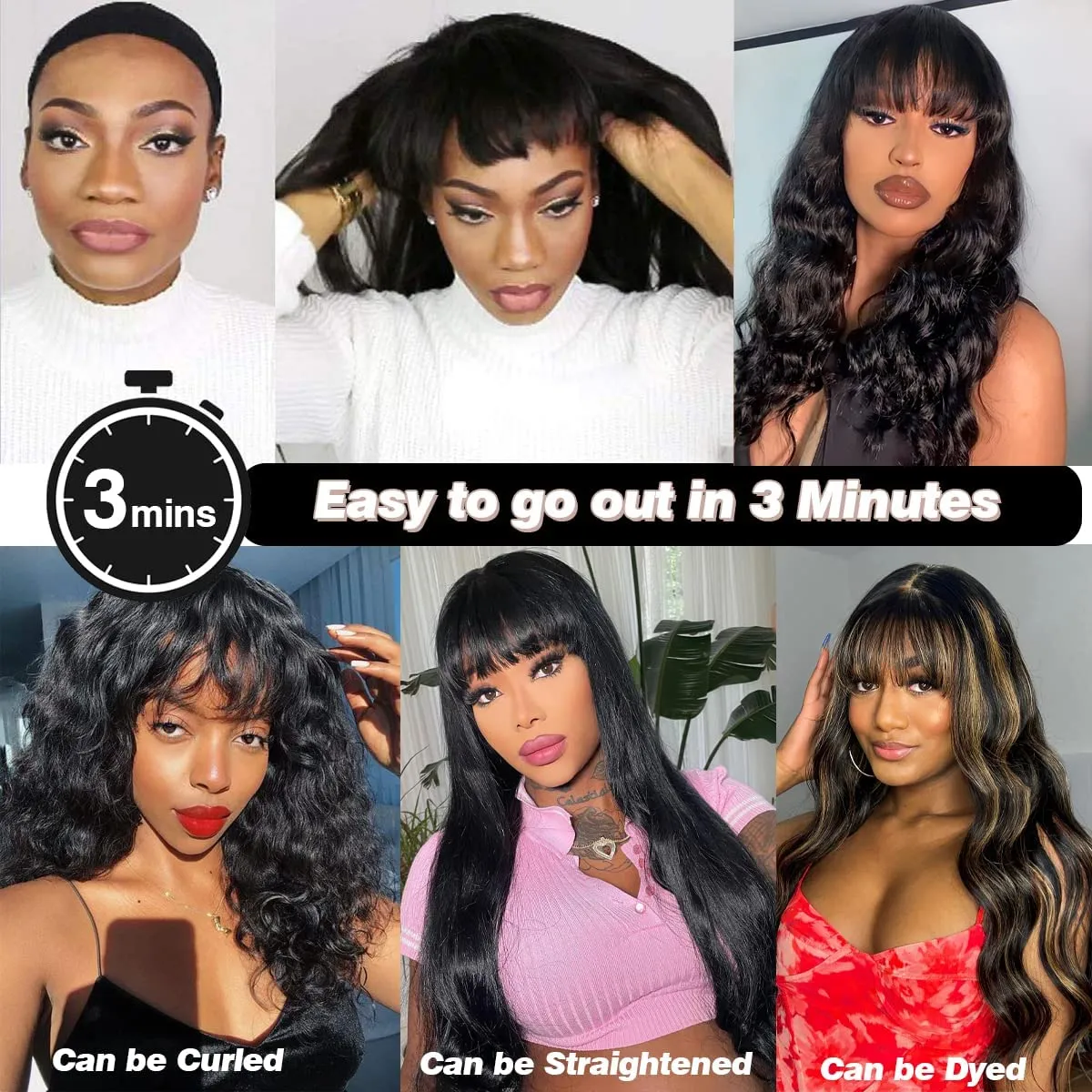 Body Wave 2x4 Lace Closure Wigs Human Hair Wigs with Bangs for Black Women Wear and Go Glueless Wig with Bangs 180% Density Front 100% Brazilian Virgin Human Hair 24 Inch
