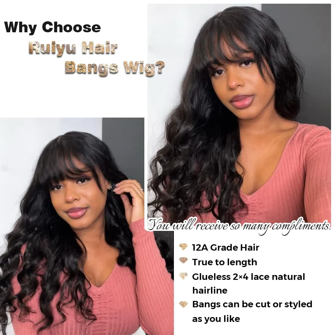 Body Wave 2x4 Lace Closure Wigs Human Hair Wigs with Bangs for Black Women Wear and Go Glueless Wig with Bangs 180% Density Front 100% Brazilian Virgin Human Hair 24 Inch
