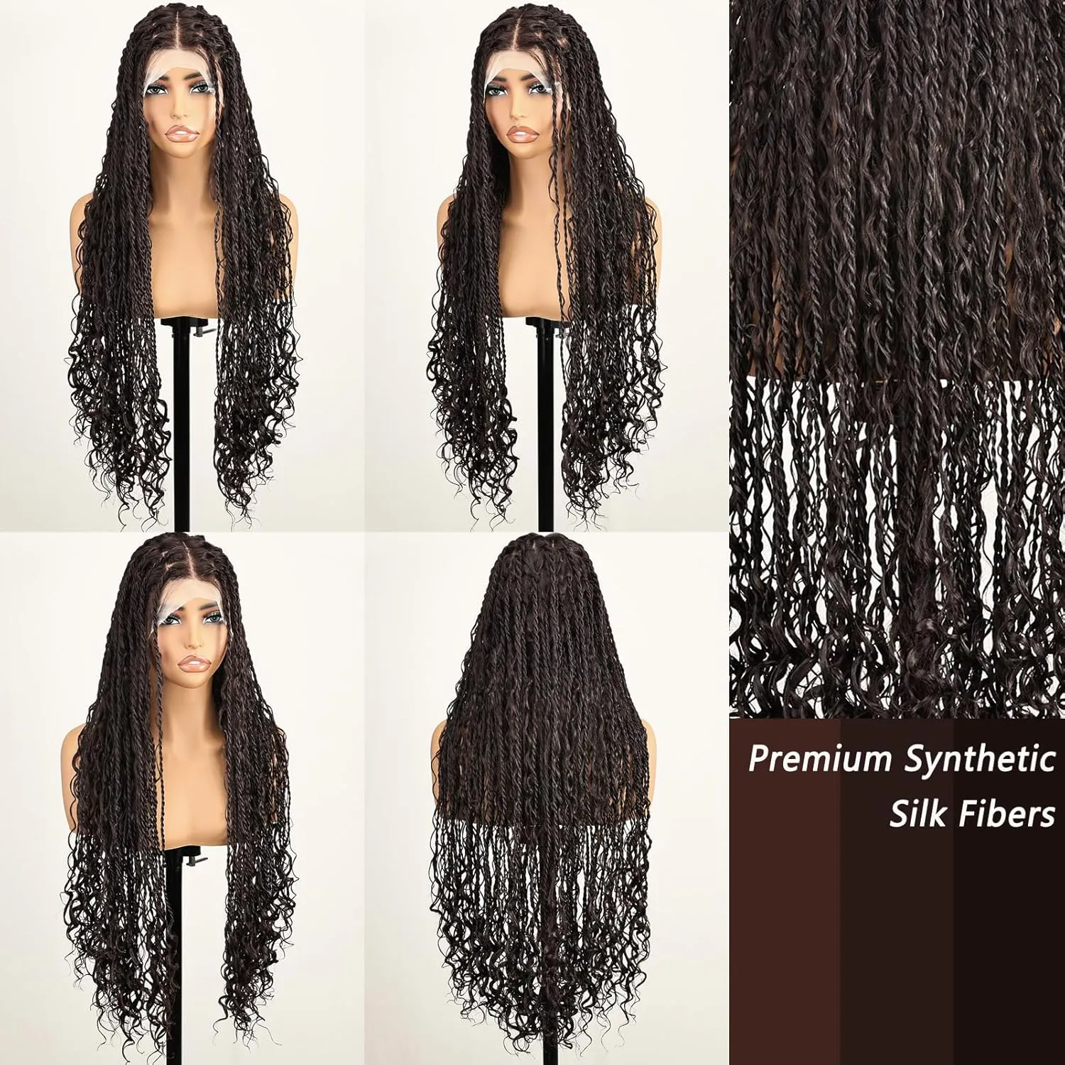 Bohemian Knotless Full Lace Braided Wigs for Women Boho island Twist Wig with Curly End Handmade Synthetic Braided Wigs with Natural Hairline Chocolate Brown 30 Inch