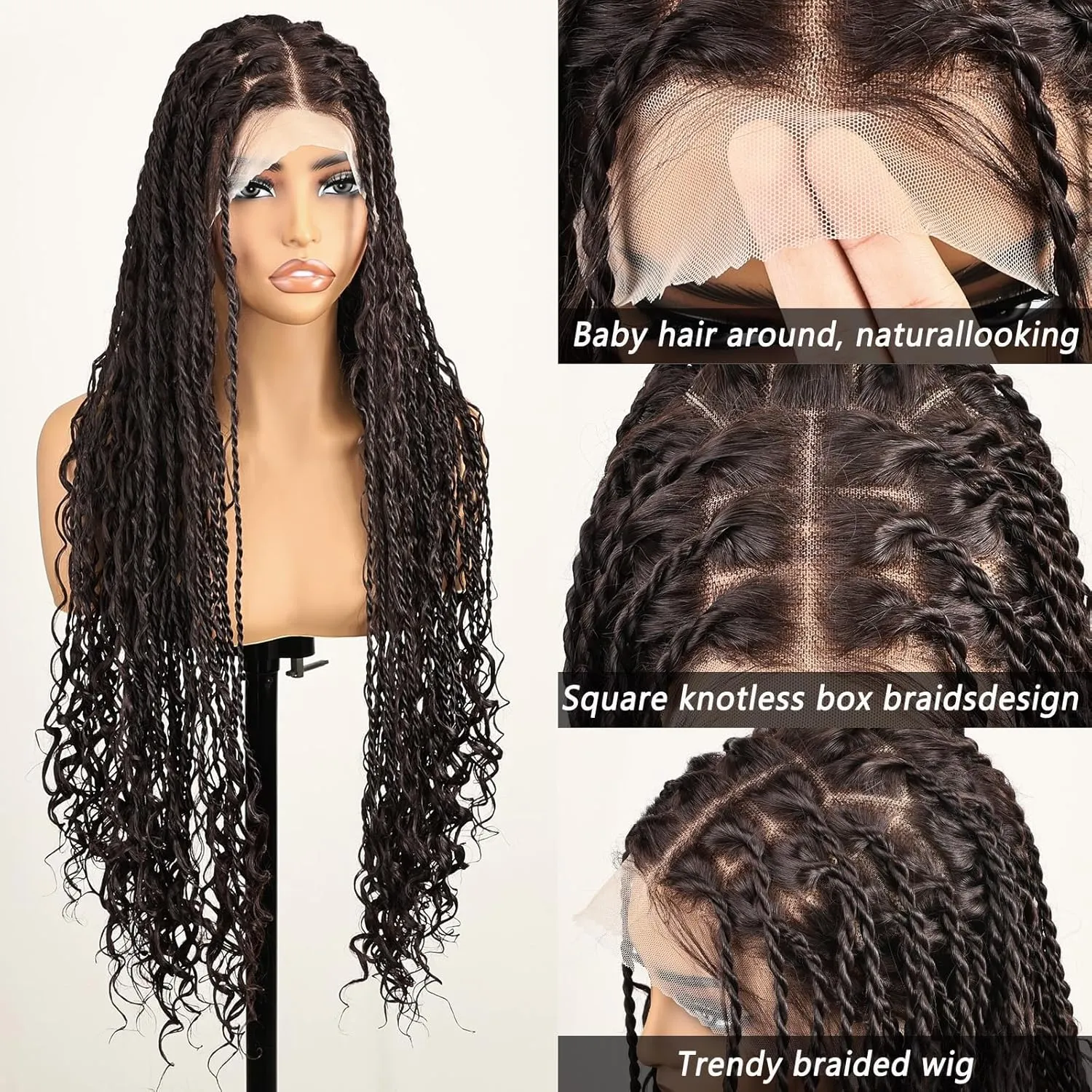 Bohemian Knotless Full Lace Braided Wigs for Women Boho island Twist Wig with Curly End Handmade Synthetic Braided Wigs with Natural Hairline Chocolate Brown 30 Inch