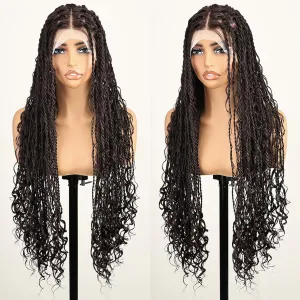Bohemian Knotless Full Lace Braided Wigs for Women Boho island Twist Wig with Curly End Handmade Synthetic Braided Wigs with Natural Hairline Chocolate Brown 30 Inch