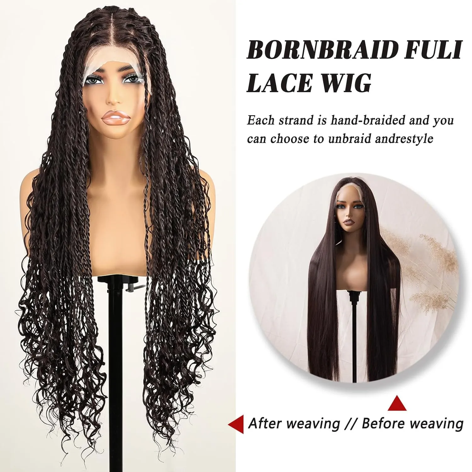 Bohemian Knotless Full Lace Braided Wigs for Women Boho island Twist Wig with Curly End Handmade Synthetic Braided Wigs with Natural Hairline Chocolate Brown 30 Inch