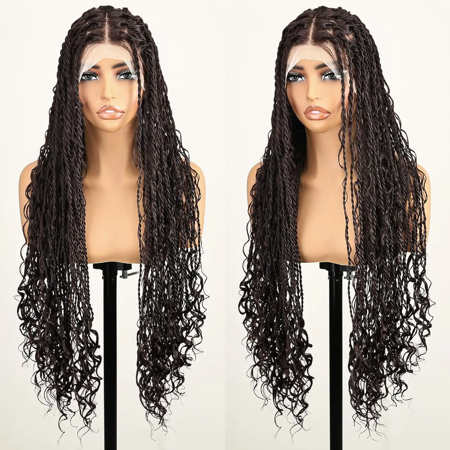 Bohemian Knotless Full Lace Braided Wigs for Women Boho island Twist Wig with Curly End Handmade Synthetic Braided Wigs with Natural Hairline Chocolate Brown 30 Inch