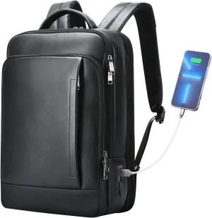 BOPai Genuine Leather Multi-Function Expand Backpack for Men - 15.6 inch Business Laptop Travel Smart With USB Charging - Office Black