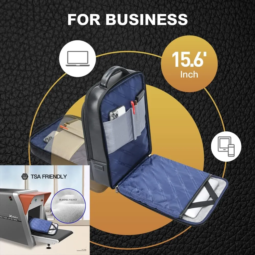 BOPai Genuine Leather Multi-Function Expand Backpack for Men - 15.6 inch Business Laptop Travel Smart With USB Charging - Office Black