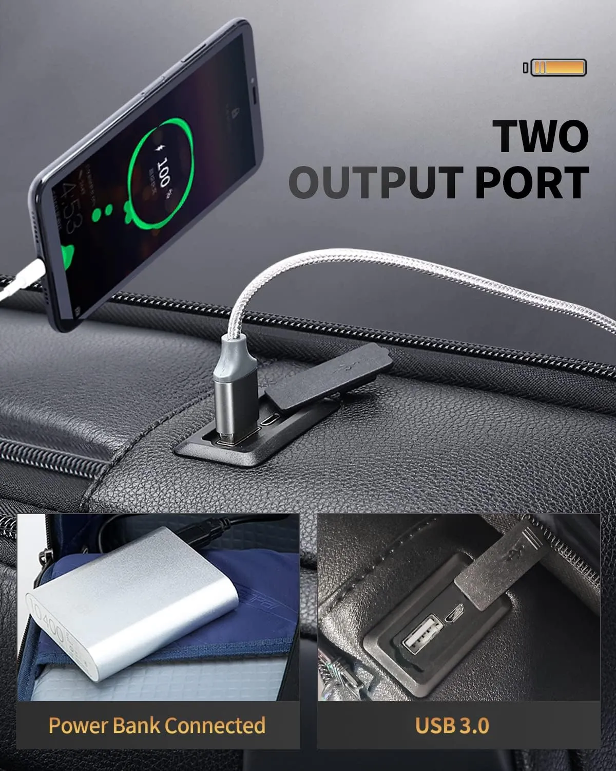 BOPai Genuine Leather Multi-Function Expand Backpack for Men - 15.6 inch Business Laptop Travel Smart With USB Charging - Office Black