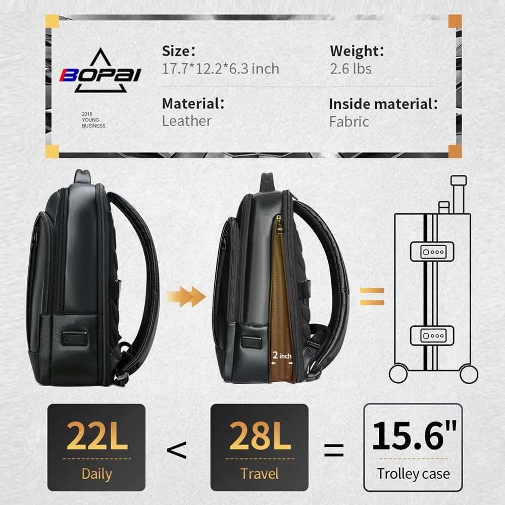 BOPai Genuine Leather Multi-Function Expand Backpack for Men - 15.6 inch Business Laptop Travel Smart With USB Charging - Office Black