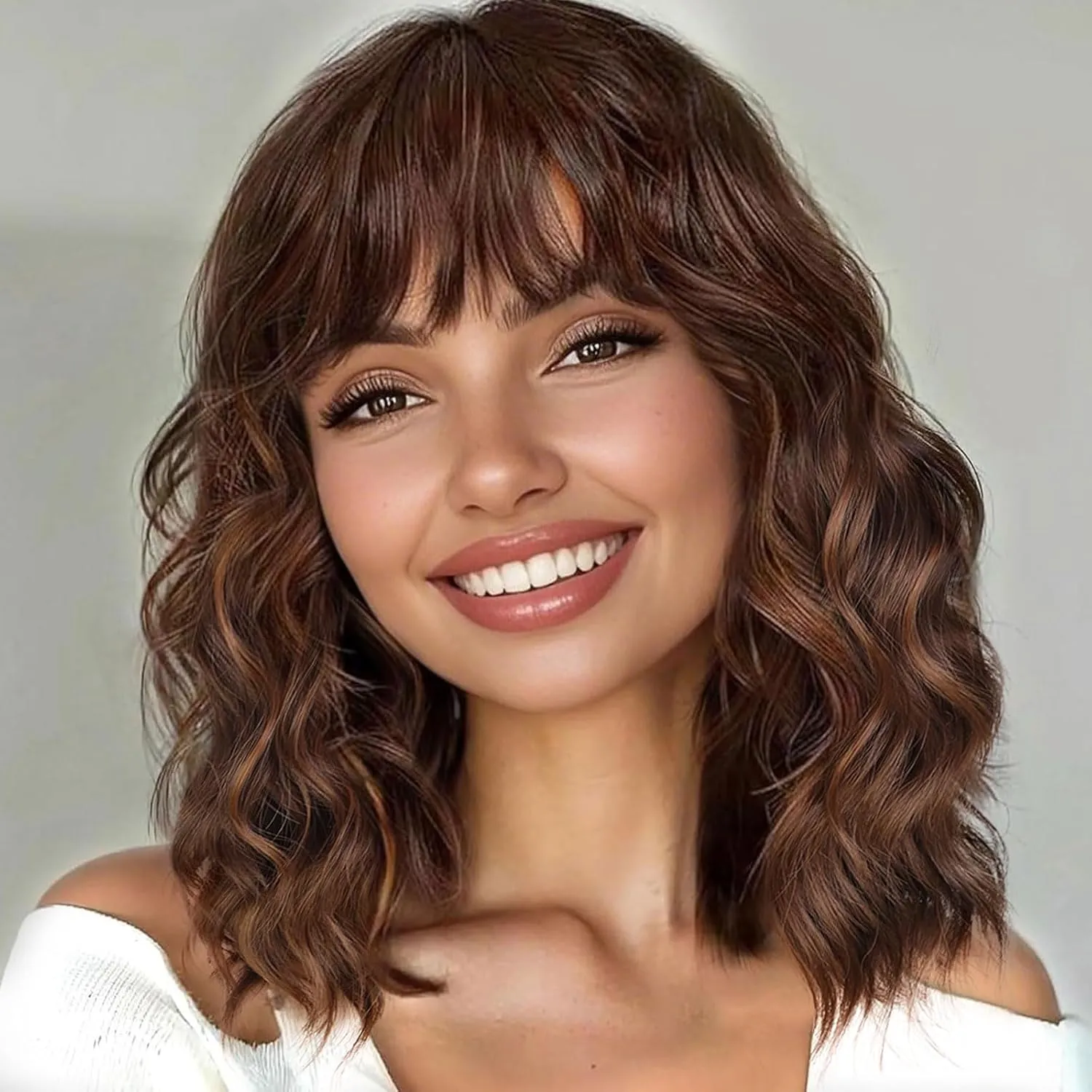 Brown Highlights Wigs with Bangs Short Wigs for Women Bob Curly Wavy Hair Shoulder Length Synthetic Wig Natural Wigs for Cosplay Daily Use