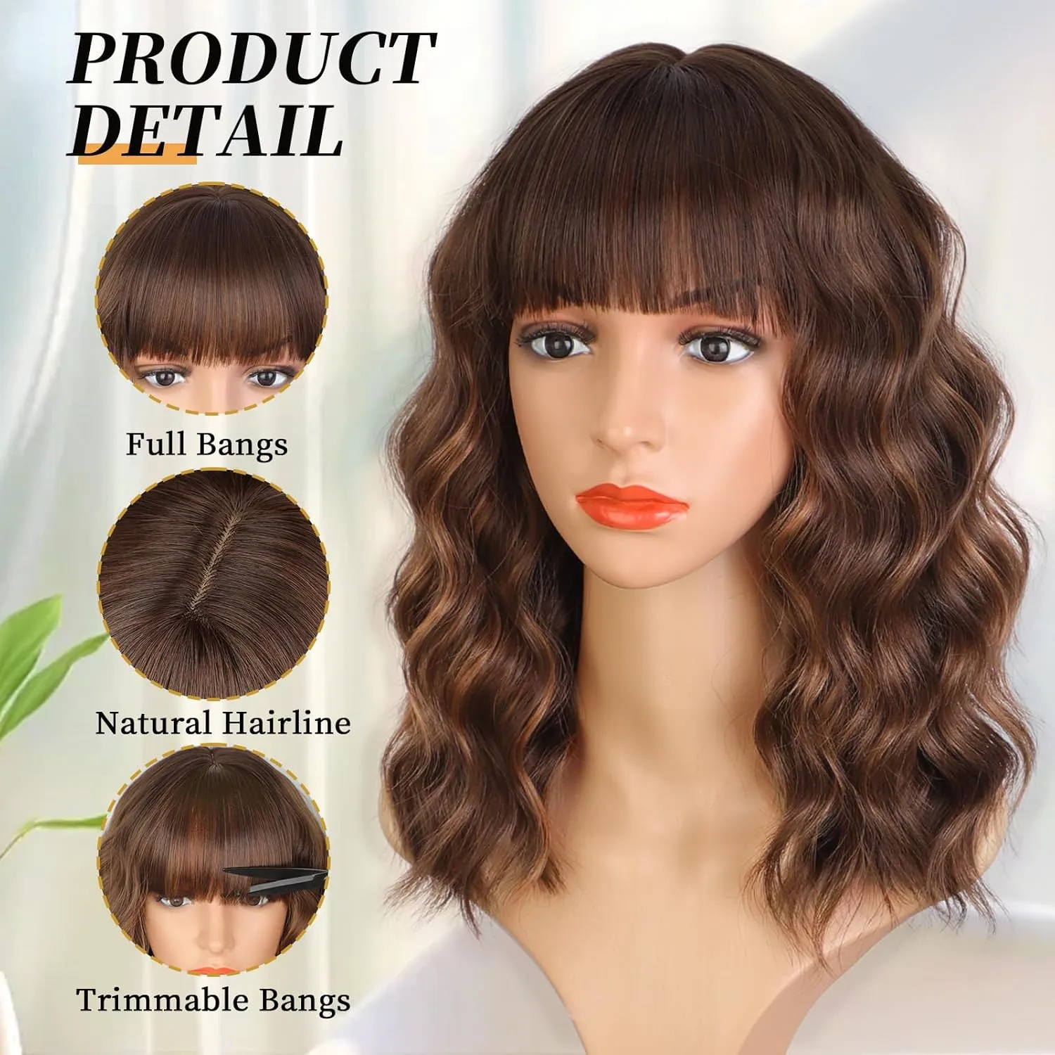 Brown Highlights Wigs with Bangs Short Wigs for Women Bob Curly Wavy Hair Shoulder Length Synthetic Wig Natural Wigs for Cosplay Daily Use