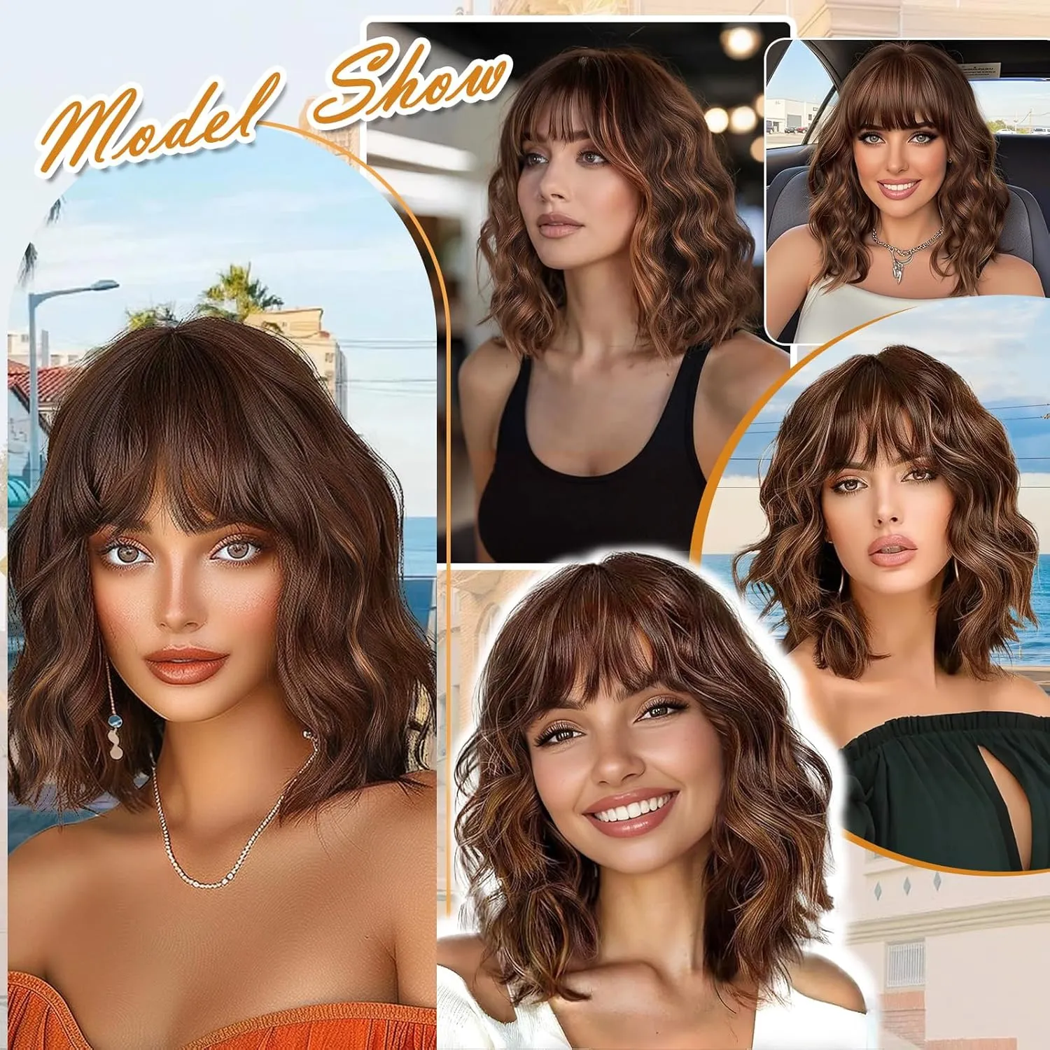 Brown Highlights Wigs with Bangs Short Wigs for Women Bob Curly Wavy Hair Shoulder Length Synthetic Wig Natural Wigs for Cosplay Daily Use