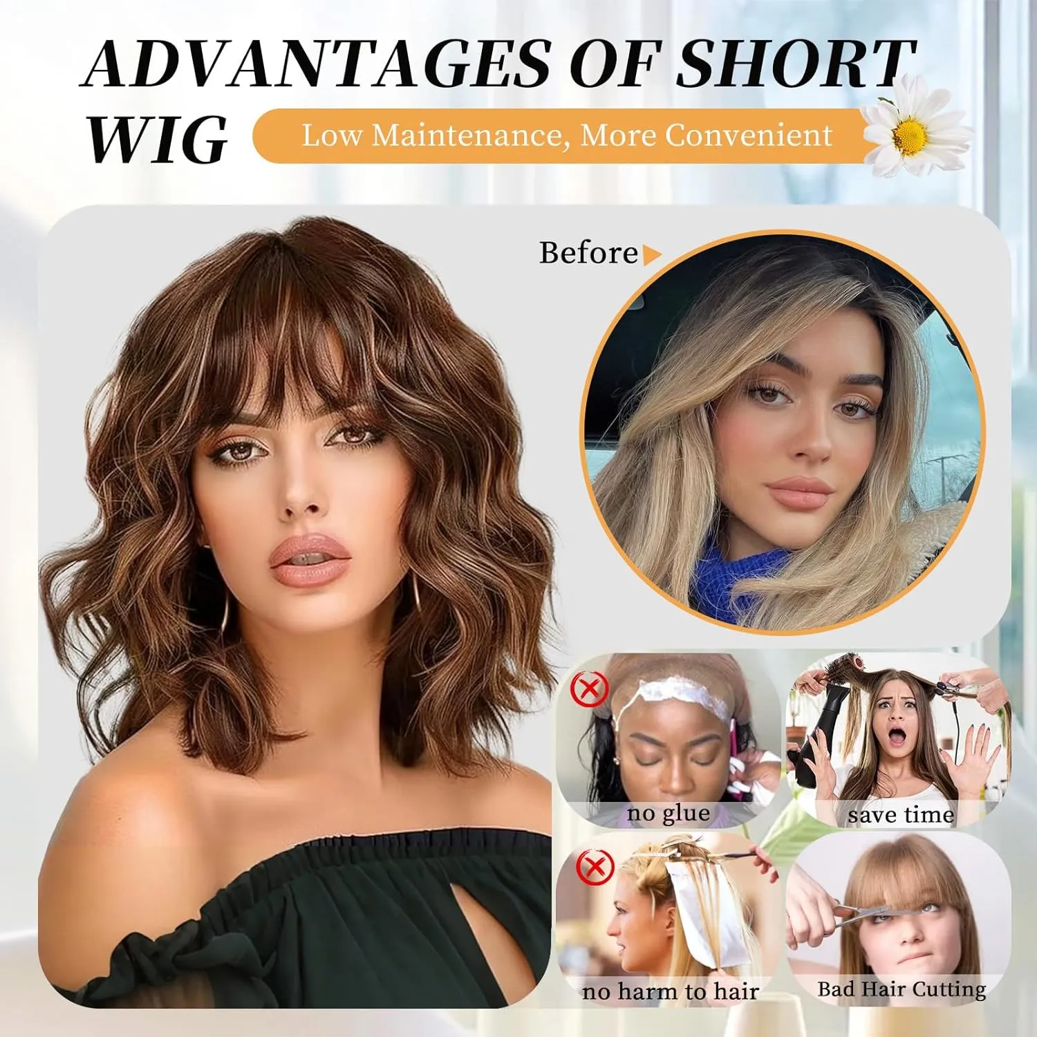 Brown Highlights Wigs with Bangs Short Wigs for Women Bob Curly Wavy Hair Shoulder Length Synthetic Wig Natural Wigs for Cosplay Daily Use