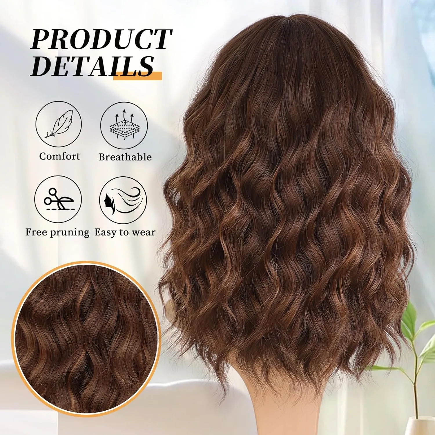 Brown Highlights Wigs with Bangs Short Wigs for Women Bob Curly Wavy Hair Shoulder Length Synthetic Wig Natural Wigs for Cosplay Daily Use