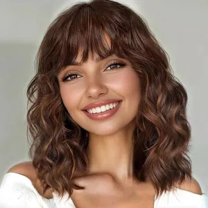 Brown Highlights Wigs with Bangs Short Wigs for Women Bob Curly Wavy Hair Shoulder Length Synthetic Wig Natural Wigs for Cosplay Daily Use