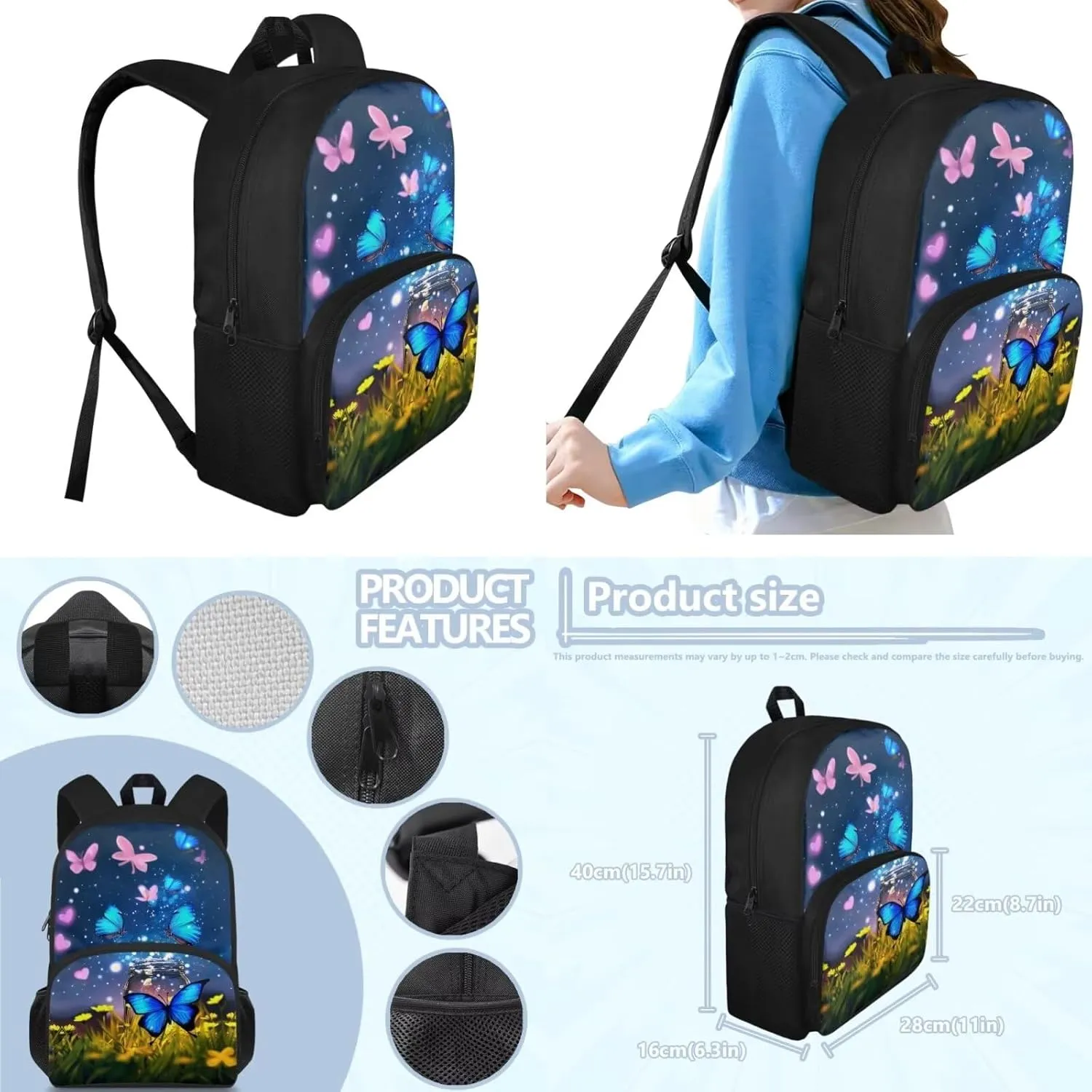 Butterfly Kids Backpack for Boys with Insulated Bento Lunch Case Cool School Shoulder Bag with 1 Compartment Wear Resistant Meadow Bookbag Set for Kids Elementary School Student