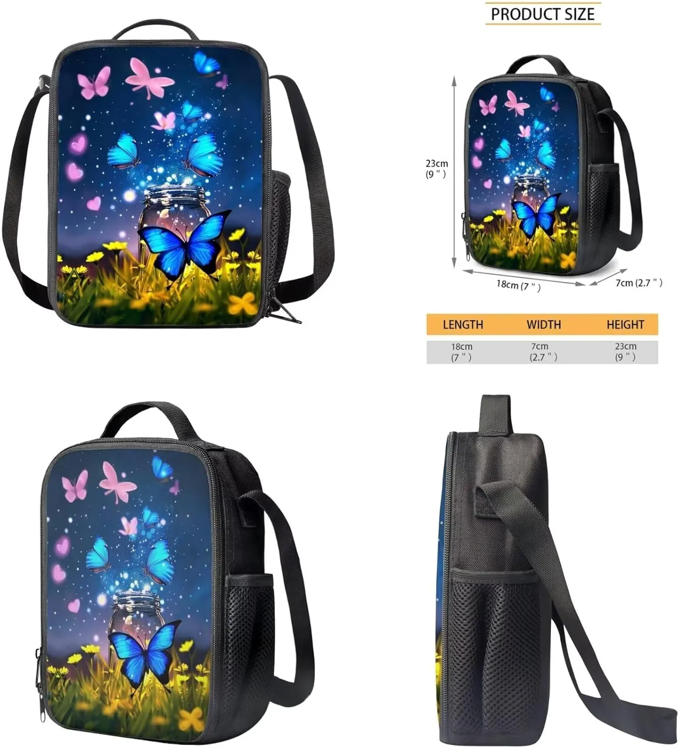 Butterfly Kids Backpack for Boys with Insulated Bento Lunch Case Cool School Shoulder Bag with 1 Compartment Wear Resistant Meadow Bookbag Set for Kids Elementary School Student