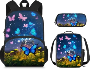 Butterfly Kids Backpack for Boys with Insulated Bento Lunch Case Cool School Shoulder Bag with 1 Compartment Wear Resistant Meadow Bookbag Set for Kids Elementary School Student