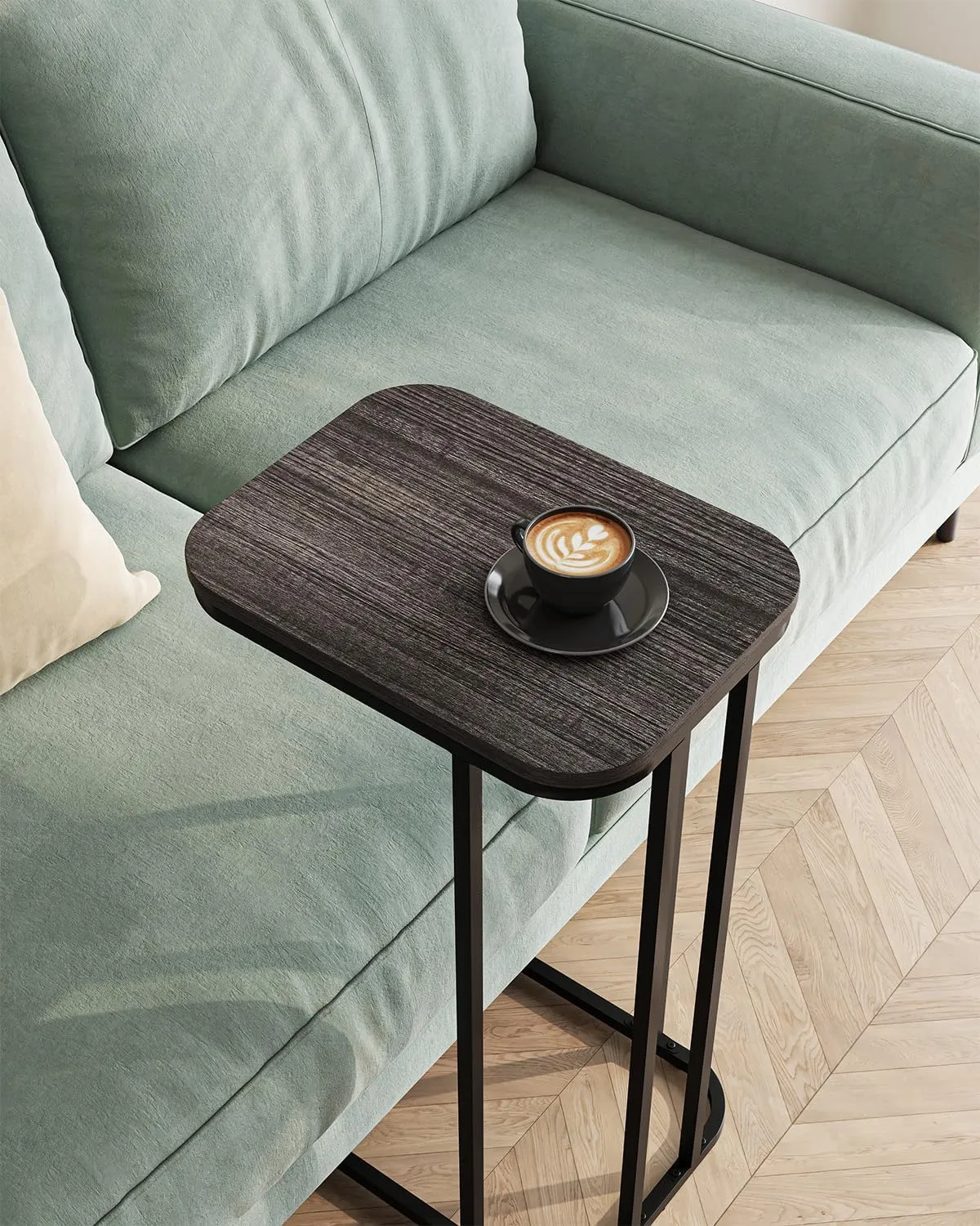 C Shaped End Table, 27 Inches High Small Side Table for Sofa and Bed, Couch Table That Slides Under, Tall Tv Tray Table for Living Room, Bedroom, Metal Frame, Black Oak
