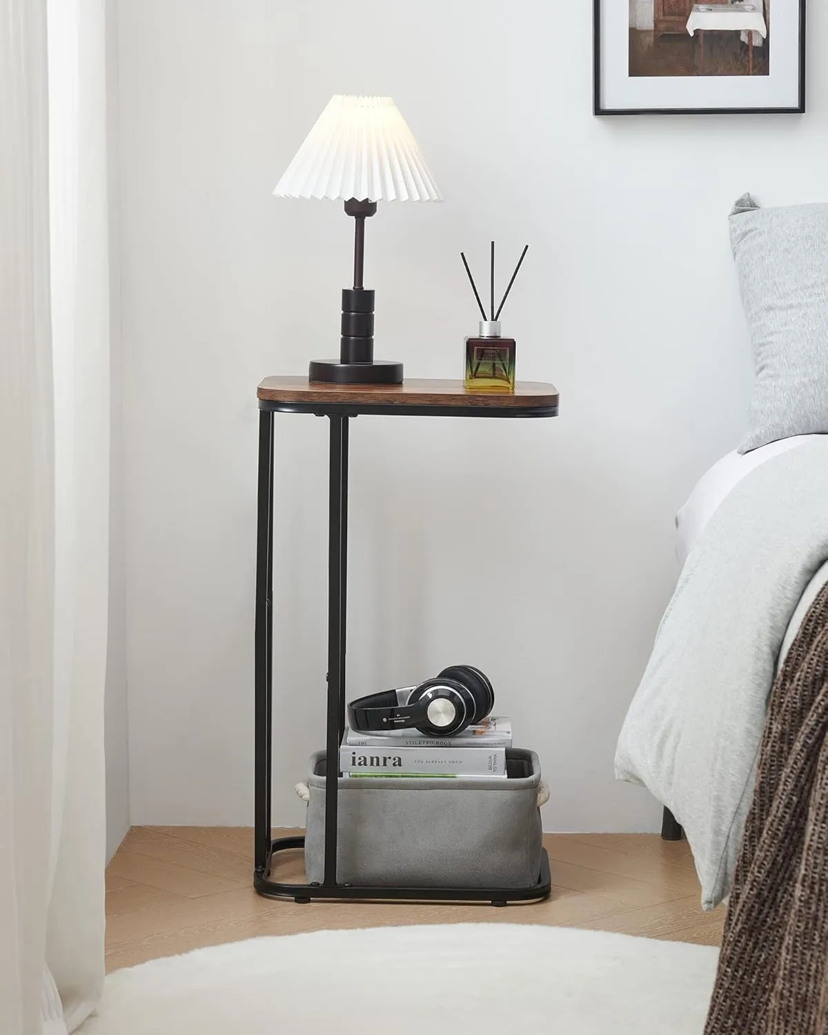 C Shaped End Table, 27 Inches High Small Side Table for Sofa and Bed, Couch Table That Slides Under, Tall Tv Tray Table for Living Room, Bedroom, Metal Frame, Rustic Brown & Black