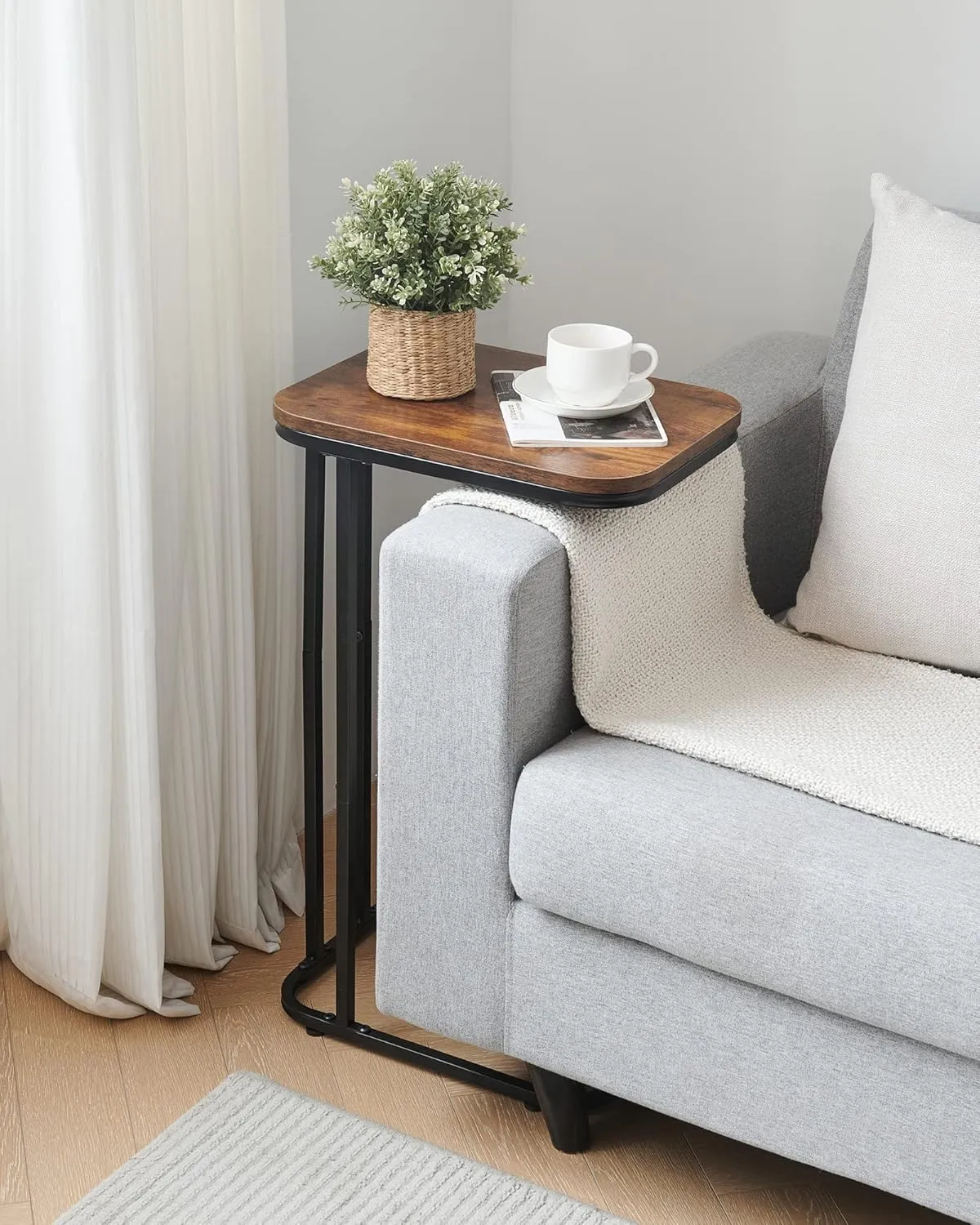 C Shaped End Table, 27 Inches High Small Side Table for Sofa and Bed, Couch Table That Slides Under, Tall Tv Tray Table for Living Room, Bedroom, Metal Frame, Rustic Brown & Black