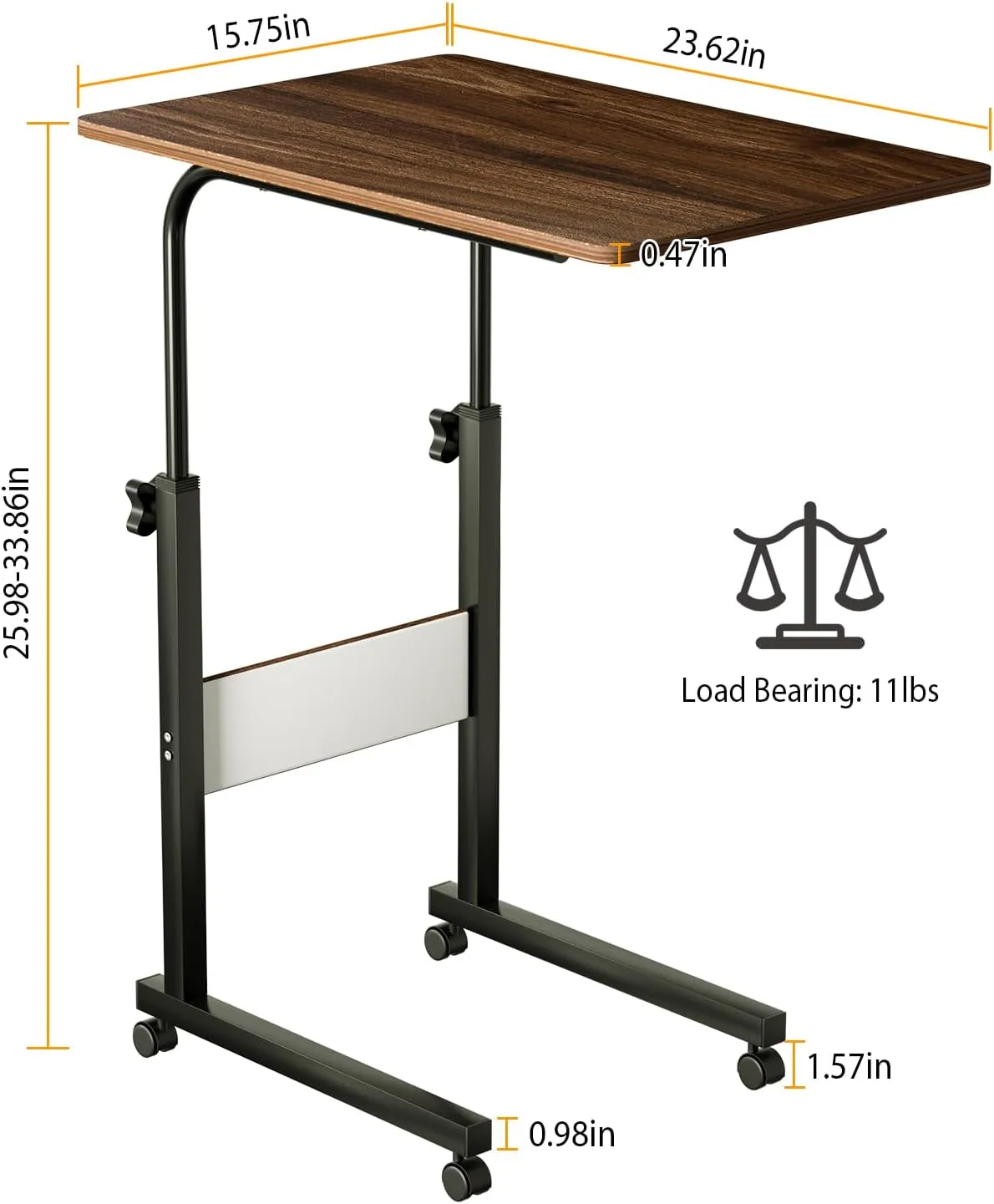 C Shaped Laptop Table with Wheels for Small Spaces, Adjustable Height Snack Side Tray Table for Couch Bed Sofa Living Room Bedroom Bedside (Brown)