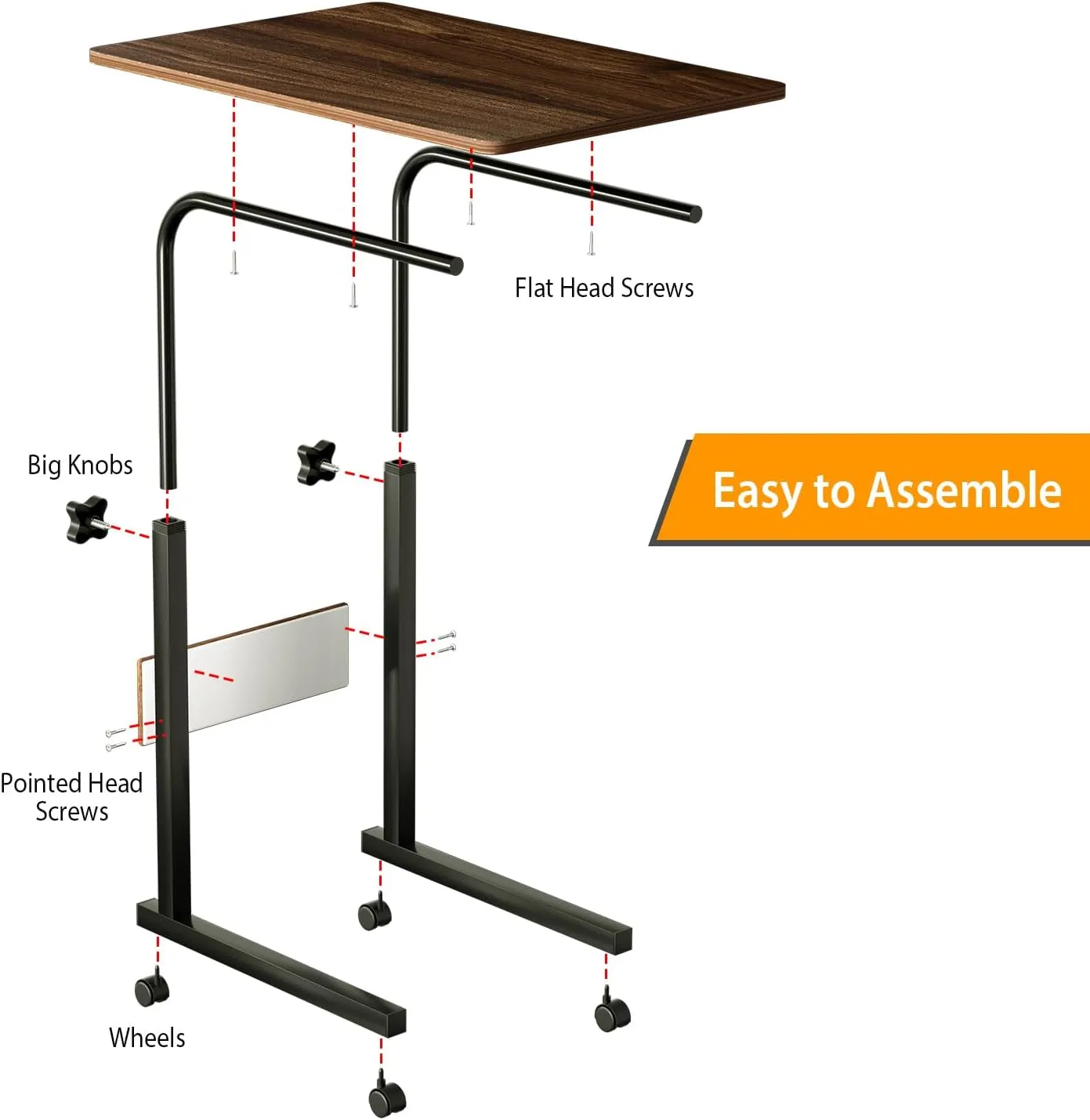 C Shaped Laptop Table with Wheels for Small Spaces, Adjustable Height Snack Side Tray Table for Couch Bed Sofa Living Room Bedroom Bedside (Brown)