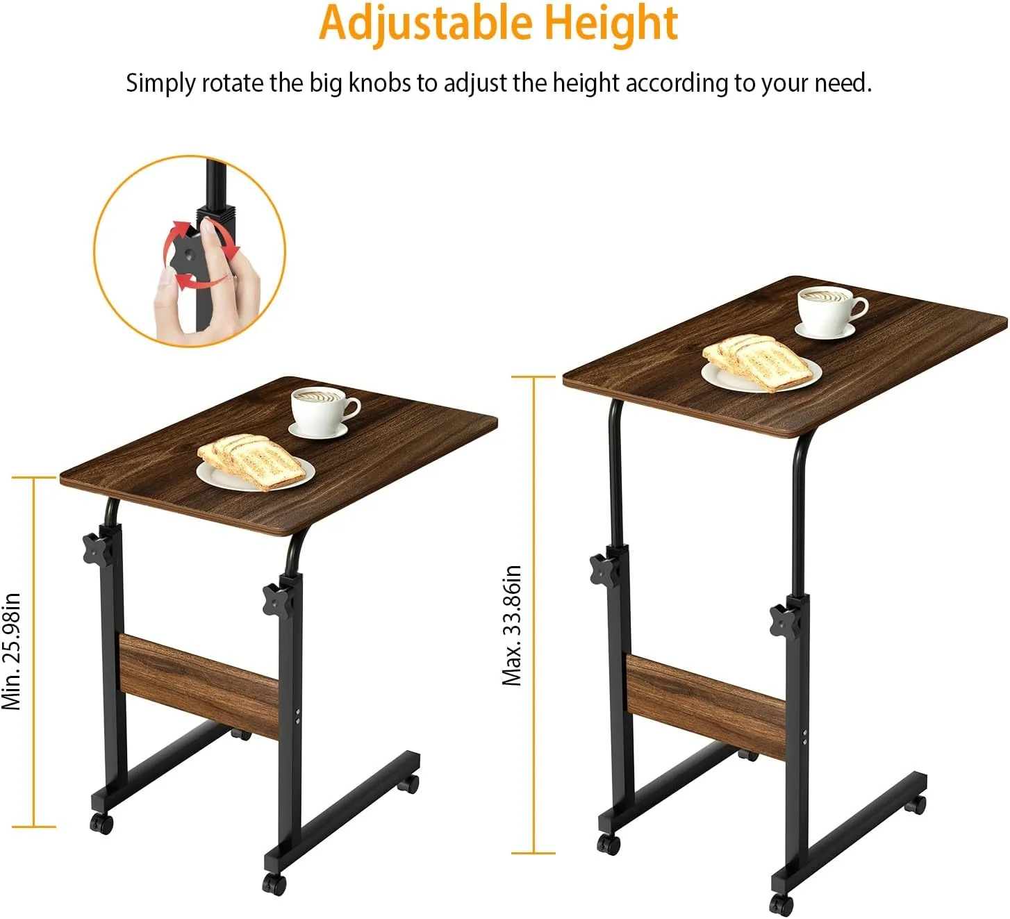 C Shaped Laptop Table with Wheels for Small Spaces, Adjustable Height Snack Side Tray Table for Couch Bed Sofa Living Room Bedroom Bedside (Brown)