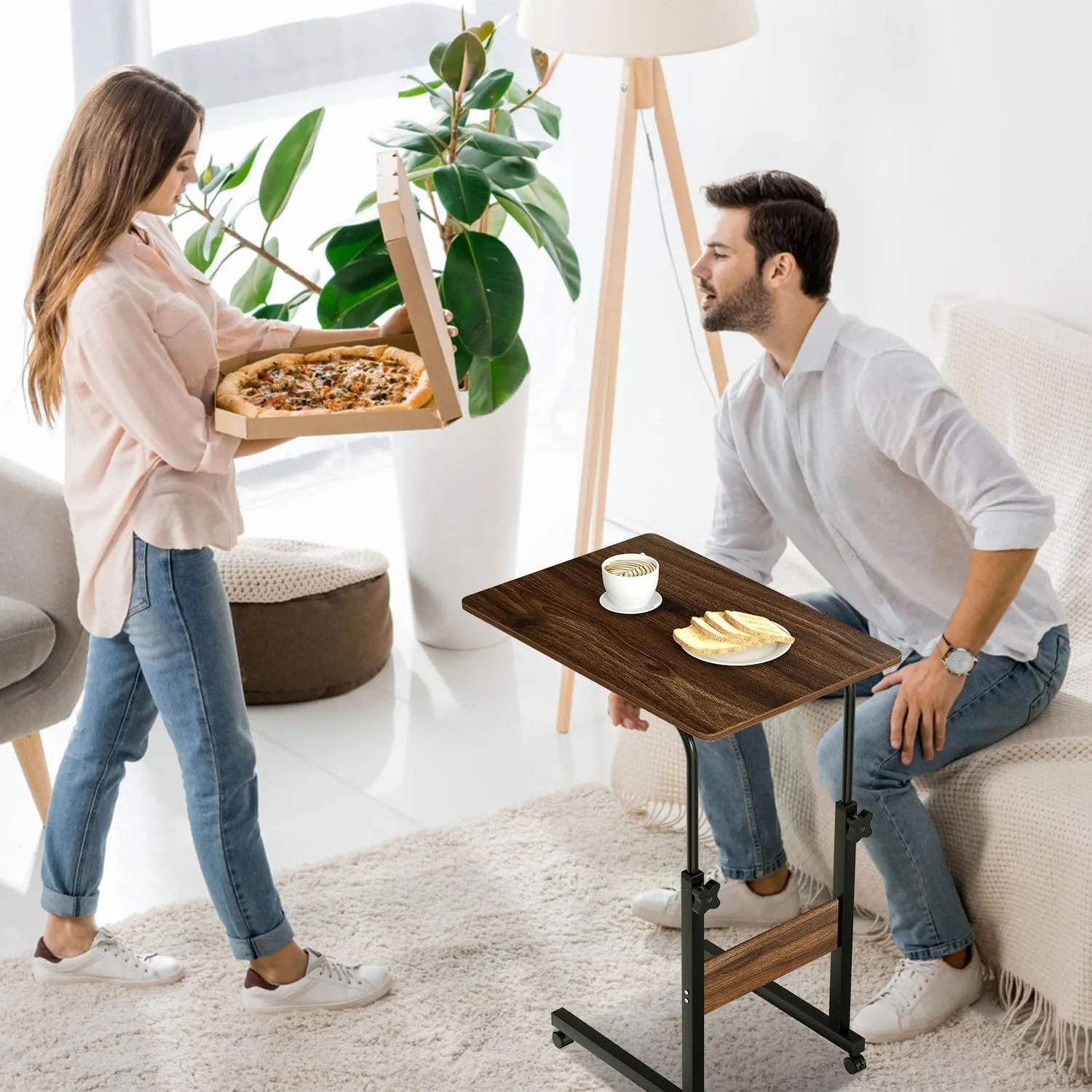 C Shaped Laptop Table with Wheels for Small Spaces, Adjustable Height Snack Side Tray Table for Couch Bed Sofa Living Room Bedroom Bedside (Brown)