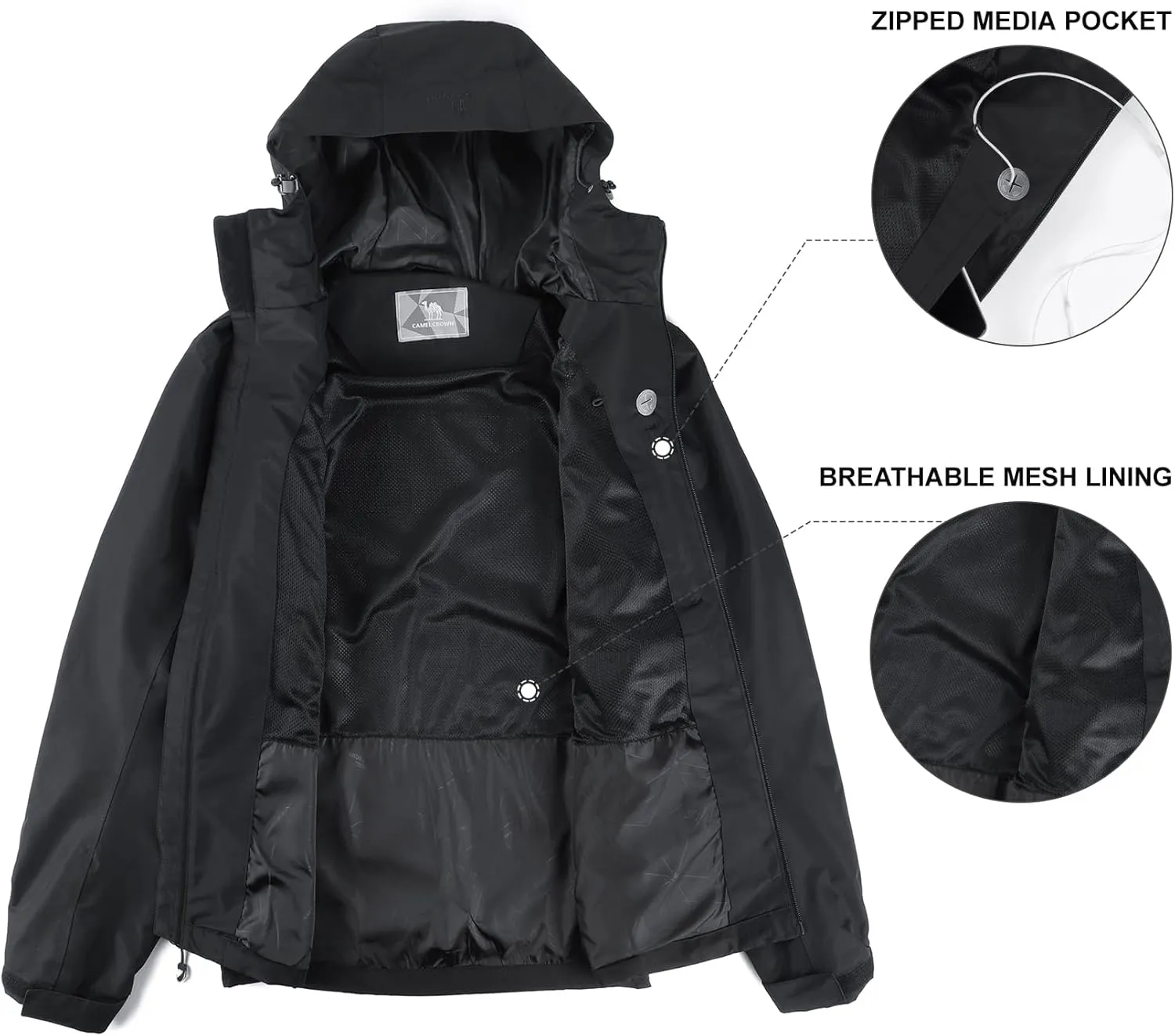 CAMEL CROWN Men's Waterproof Shell Jacket Windbreaker Hooded Rain Coat for Outdoor Hiking Climbing Traveling