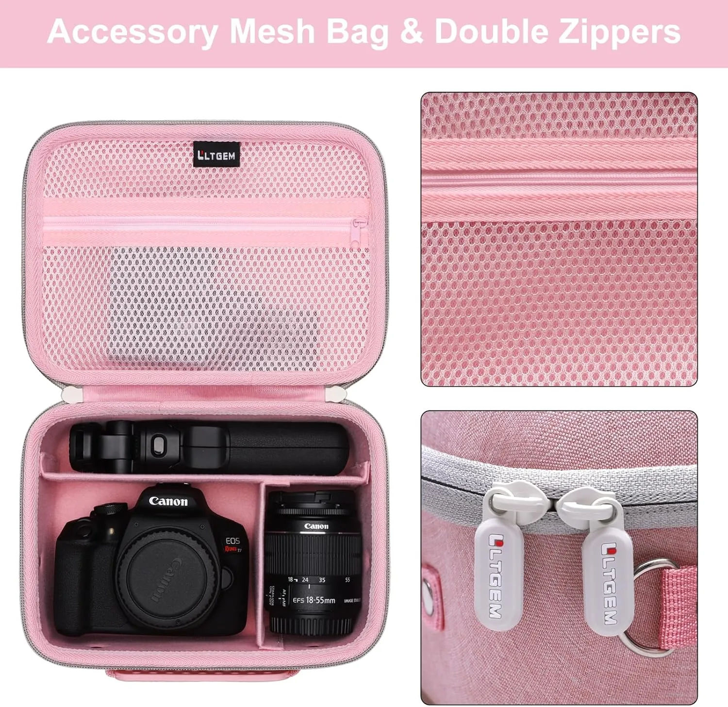 Camera Case Compatible with Canon EOS Rebel T7 / R100 / R50 / R5 / R6 Mark II / R7 / R8 / 90D / 5D Mark IV, Sony, Nikon DSLR Camera, Lens, Tripod, with 4 Pieces of Dividers and Shoulder Strap, Pink