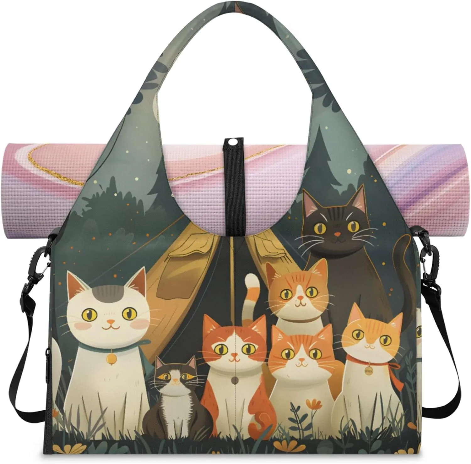 Camping Cat Women's Yoga Gym Bag - Adjustable shoulder strap with shoe compartment, large gym bag with multiple pockets for yoga mat, gym equipment and travel accessories