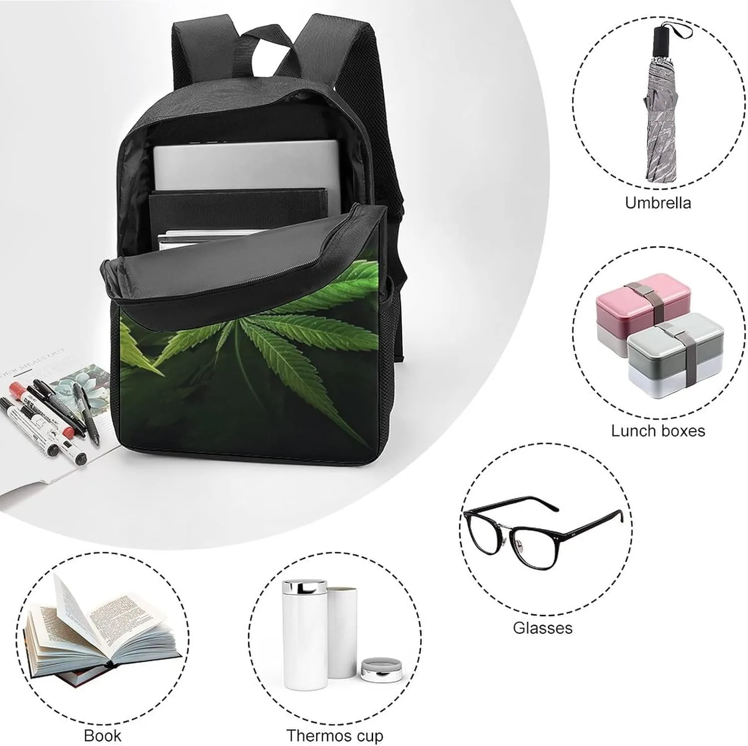 Cannabis Leaf Marijuana Herb Weed Backpack with Adjustable Straps, Suitable for Travel Picnics Activities