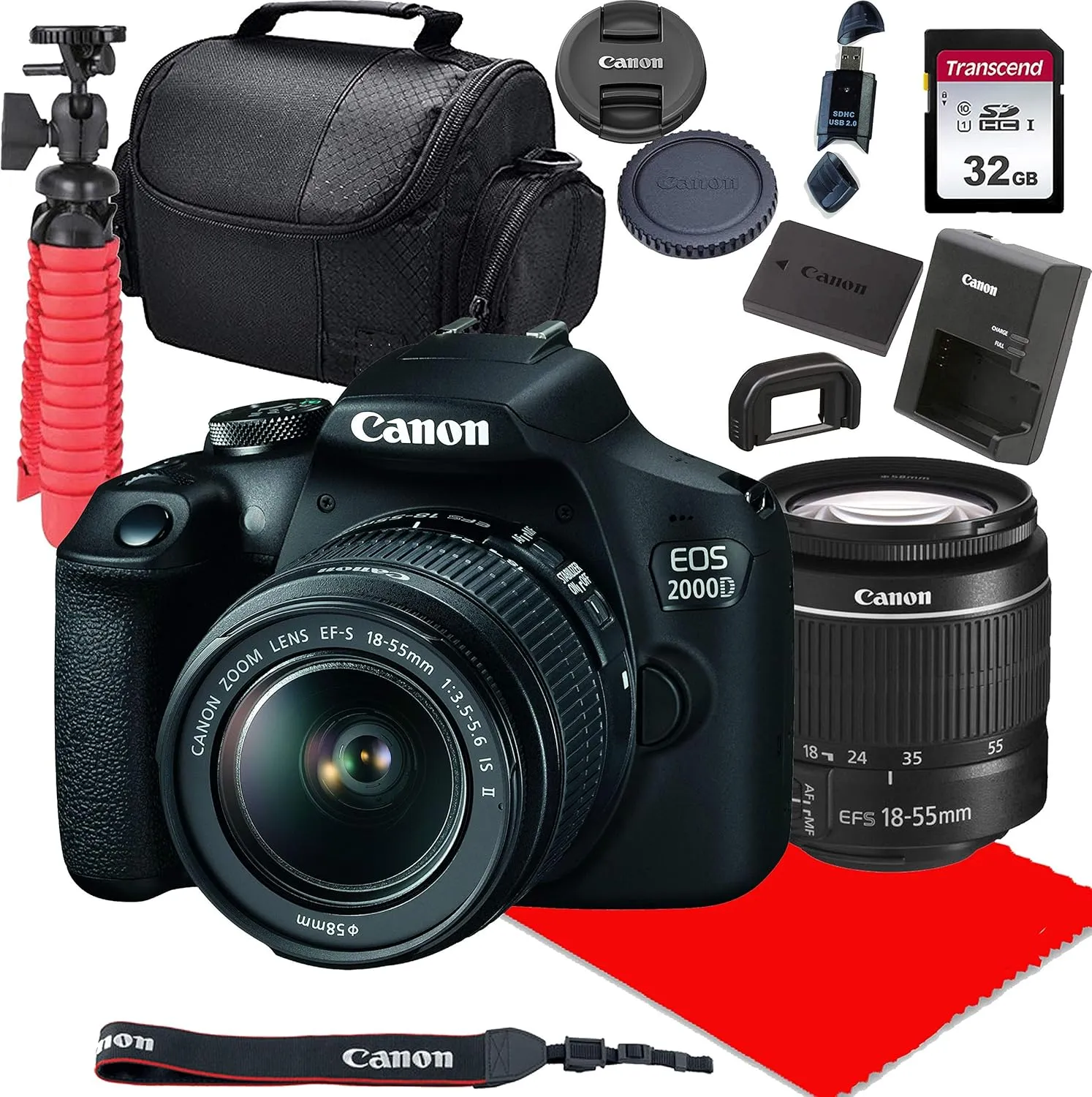 Canon EOS 2000D / Rebel T7 DSLR Camera w/ 18-55mm F/3.5-5.6 is II Lens   32GB SD Card   More (Renewed)