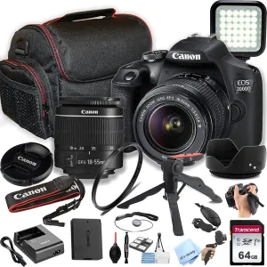 Canon EOS 2000D / Rebel T7 DSLR Camera w/EF-S 18-55mm F/3.5-5.6 Zoom Lens   64GB Memory, LED Video Light, Case, Gripster Tripod, and More (Essential Bundle) (Renewed)