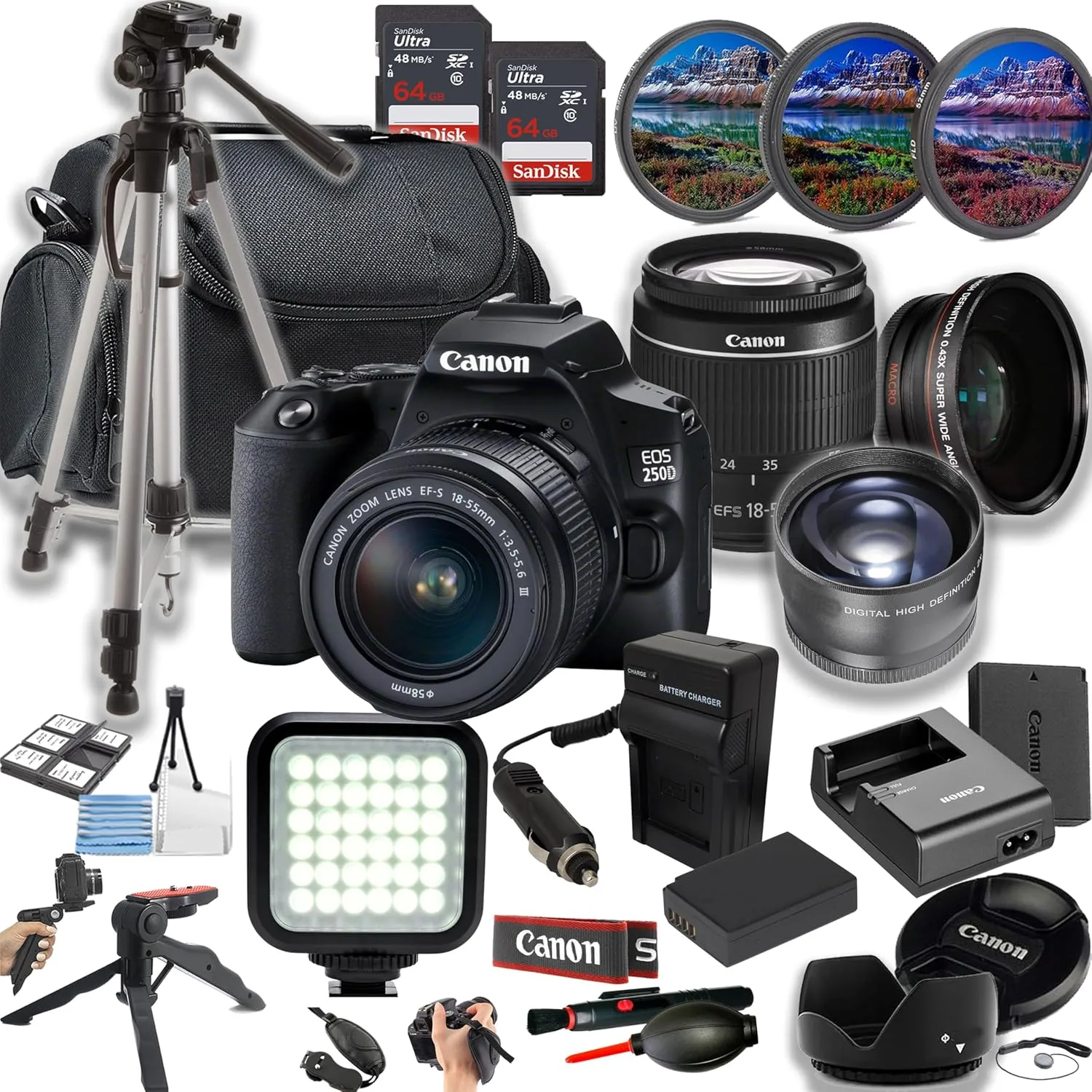 Canon EOS 250D / Rebel SL3 Digital SLR Camera w/EF-S 18-55mm f/3.5-5.6 DC III Lens   LED Light   128GB Memory   Lenses   Filters   Case   Tripod   Grips   Added Power, and More (28pc Bundle) (Renewed)