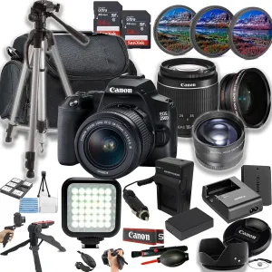 Canon EOS 250D / Rebel SL3 Digital SLR Camera w/EF-S 18-55mm f/3.5-5.6 DC III Lens   LED Light   128GB Memory   Lenses   Filters   Case   Tripod   Grips   Added Power, and More (28pc Bundle) (Renewed)