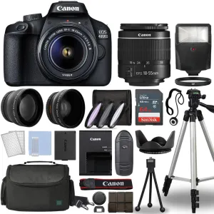 Canon EOS 4000D / Rebel T100 Digital SLR Camera Body w/Canon EF-S 18-55mm f/3.5-5.6 Lens 3 DSLR Kit Bundled with Complete Accessory Bundle   64GB Flash & More - International Model (Renewed), Black