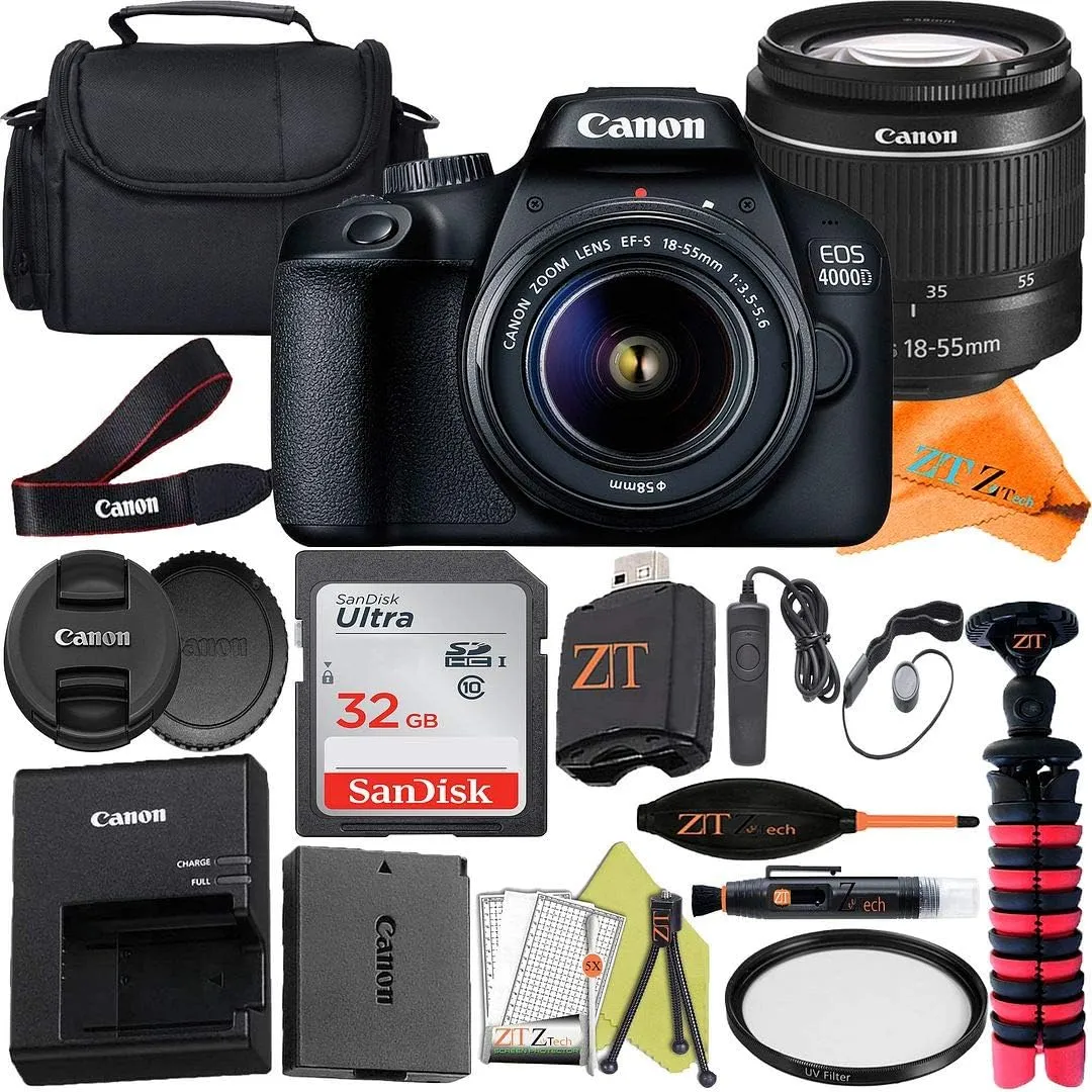 Canon EOS 4000D (Rebel T100) DSLR Camera 18-55mm Zoom Lens   ZeeTech Accessory Bundle with SanDisk 32GB Memory Card, Bag, Tripod and UV Filter (Renewed)